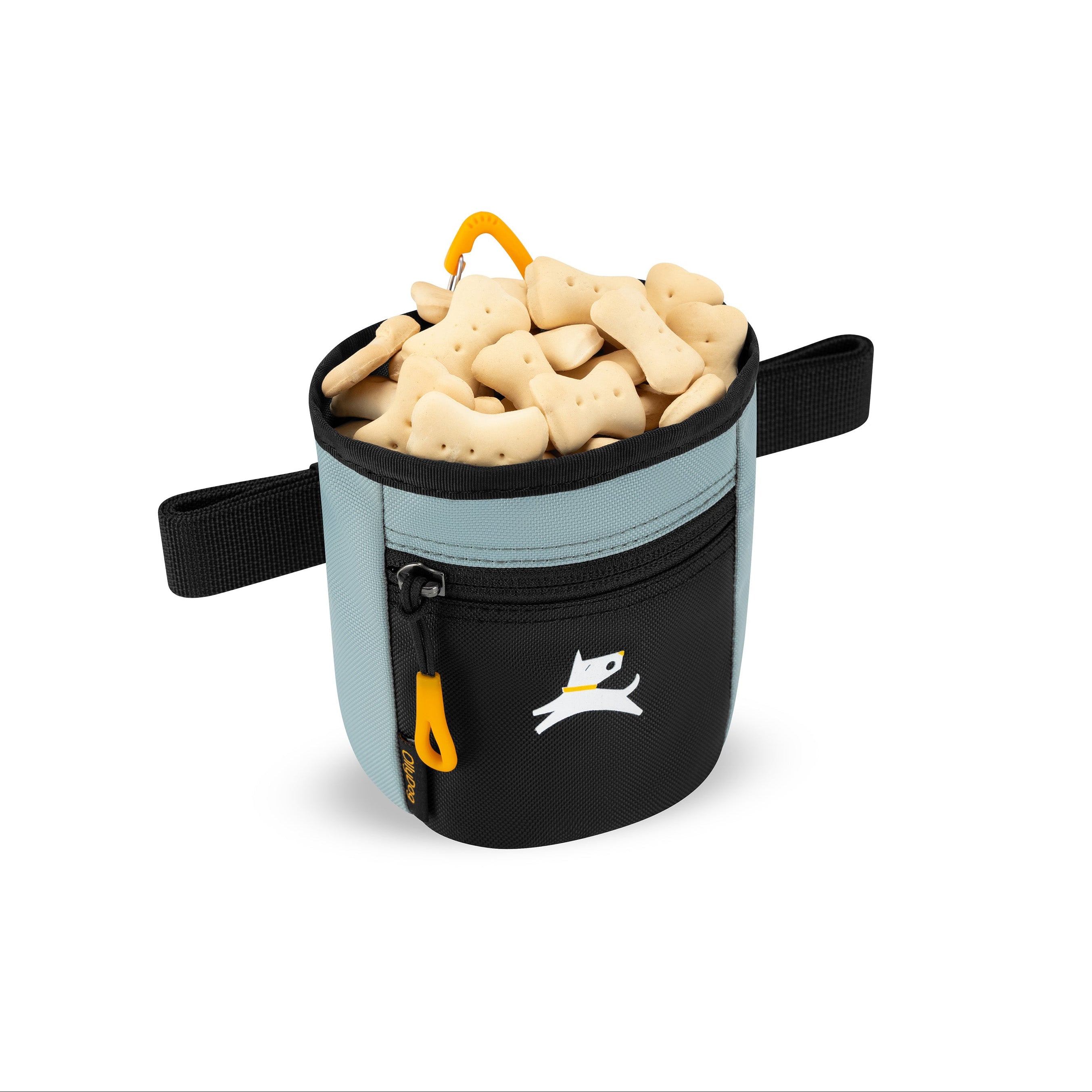 Interior view of the OllyDog Goodie Treat Bag in st. lucia color filled with dog treats, highlighting the convenient magnetic closure opening for training. #color_st. lucia