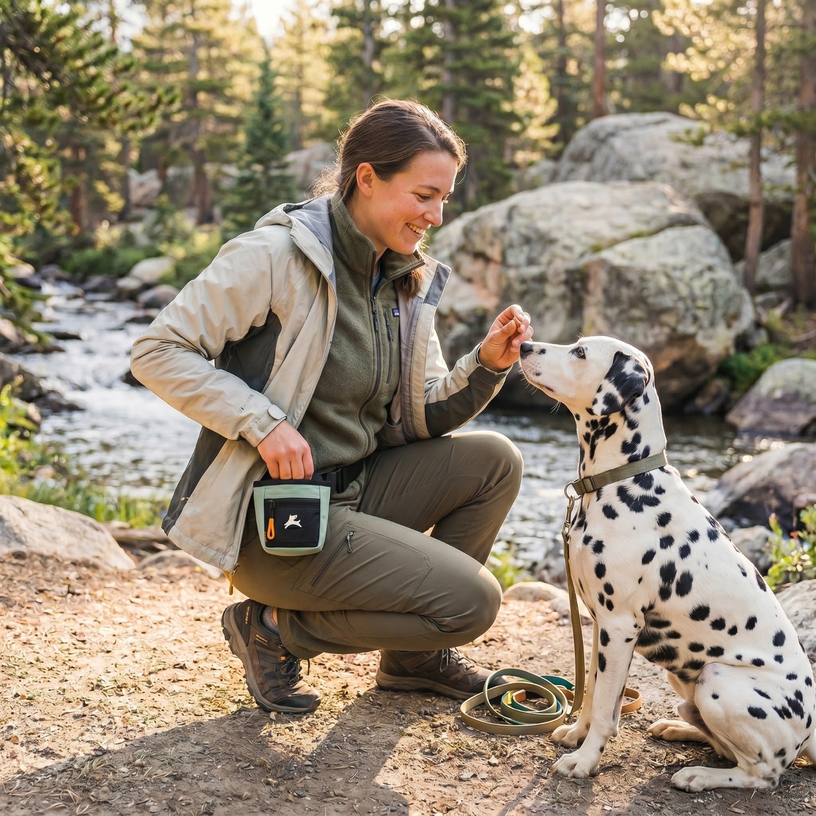 Lifestyle shot of a woman training her Dalmatian dog outdoors near a stream while wearing the OllyDog Goodie Treat Bag in surf color around her waist and reaching for a treat. #color_surf