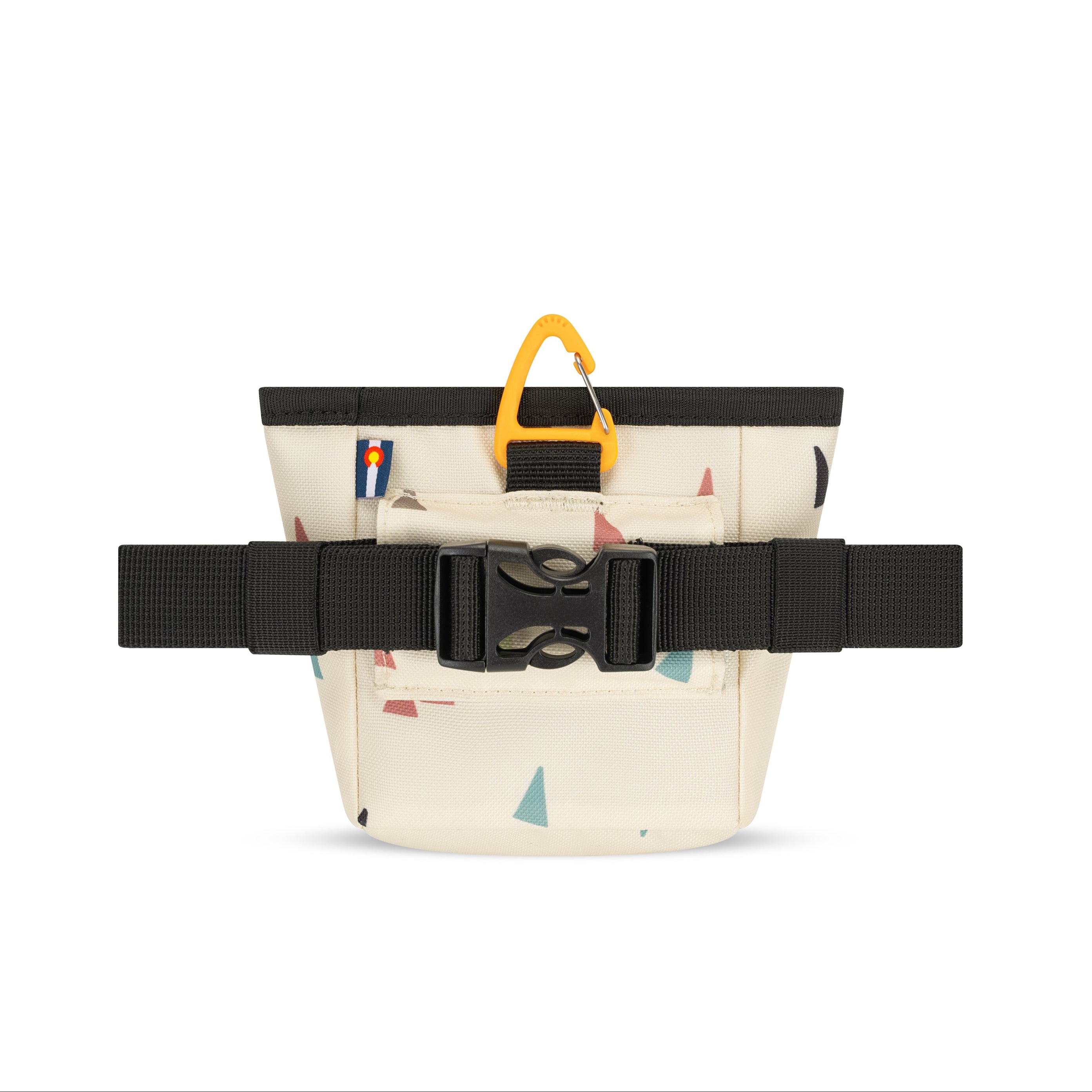 Back view of the OllyDog Goodie Treat Bag in terrazzo print displaying the quick-release buckle and removable waist belt. #color_terrazzo