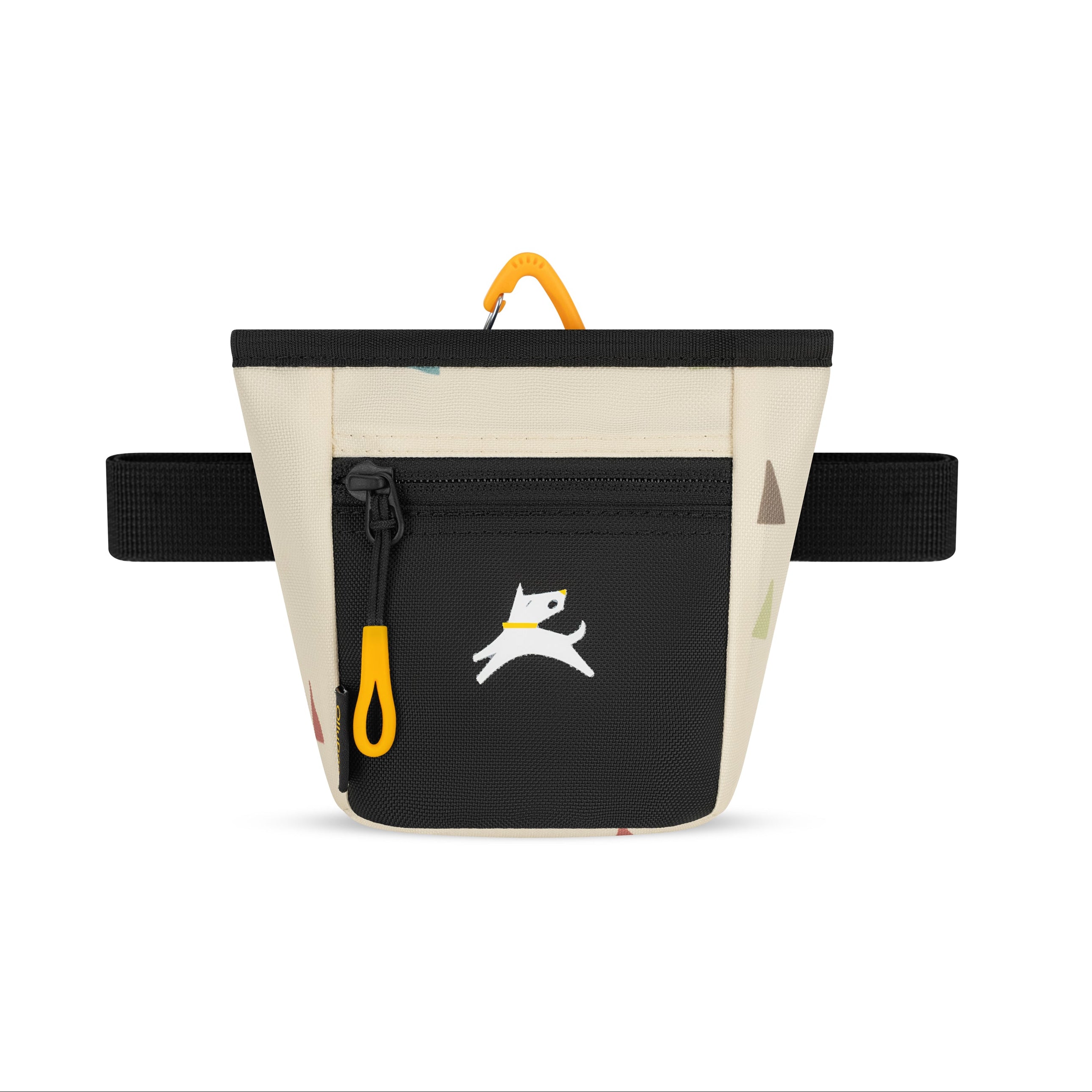 Front view of the OllyDog Goodie Treat Bag in terrazzo print showing the magnetic closure, front zipper pocket, and waist belt for dog training. #color_terrazzo