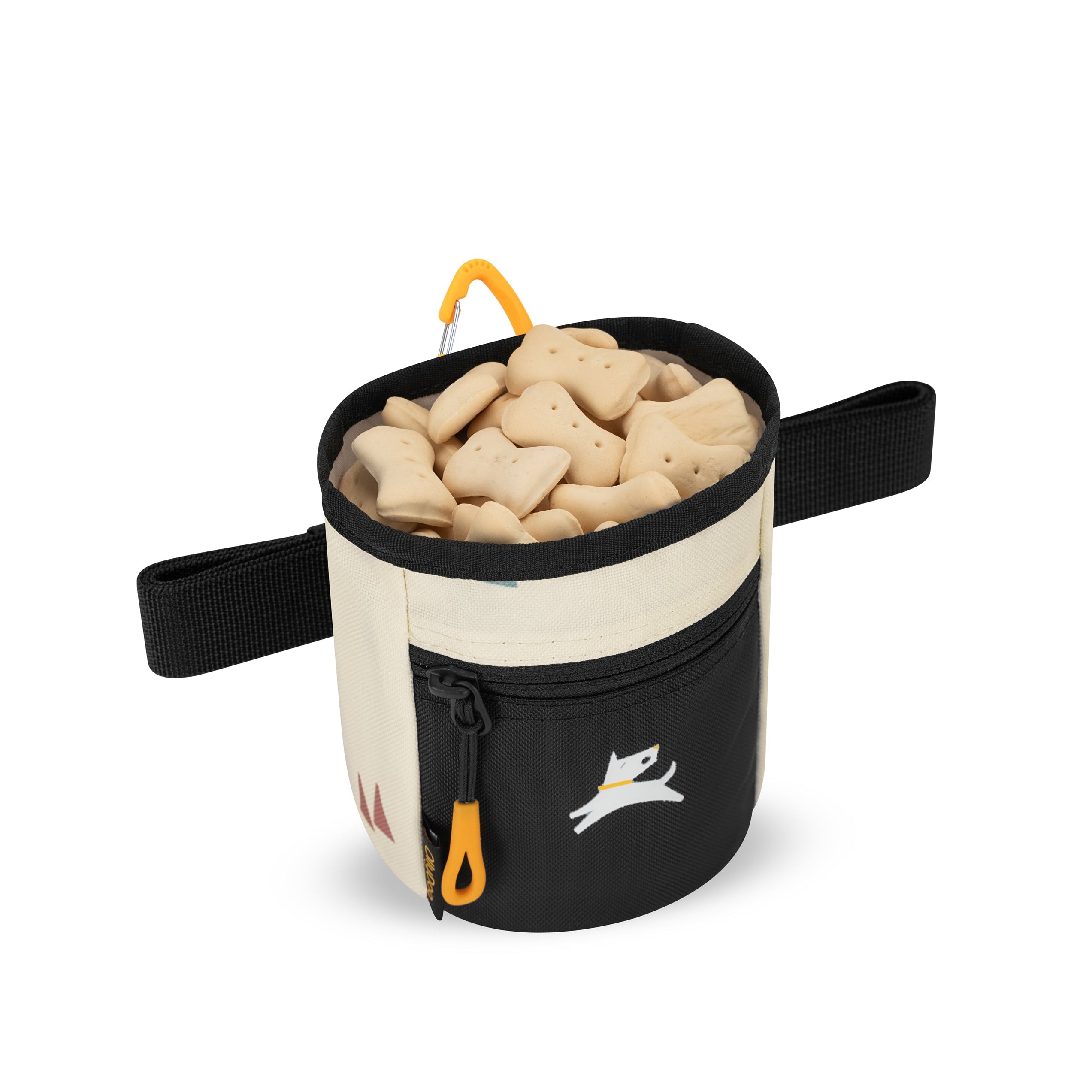Interior view of the OllyDog Goodie Treat Bag in terrazzo print filled with dog treats, highlighting the convenient magnetic closure opening for training. #color_terrazzo