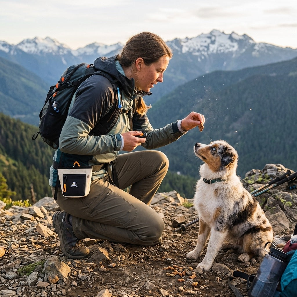 Lifestyle shot of a woman training her dog on a scenic mountain peak trail while wearing the OllyDog Goodie Treat Bag in terrazzo print around her waist and offering a treat. #color_terrazzo