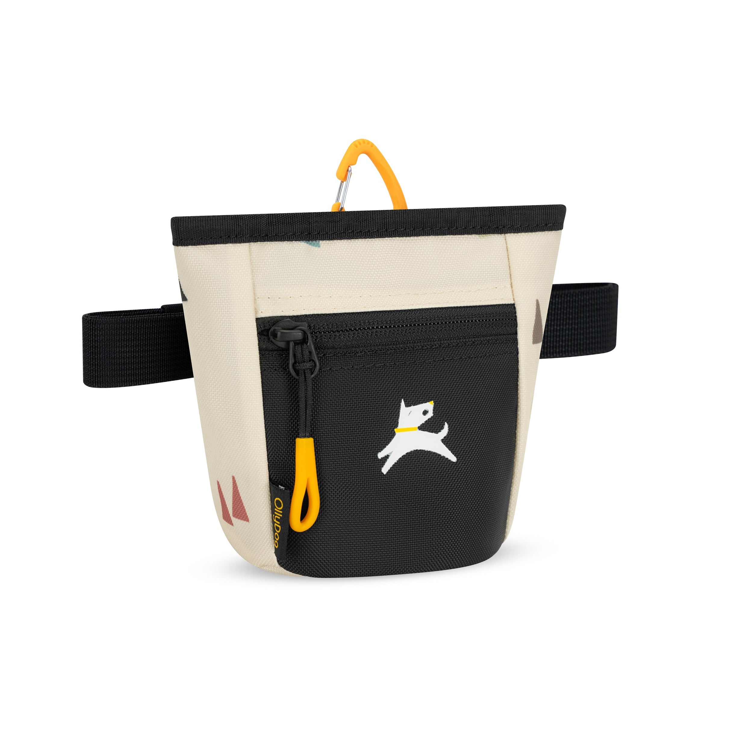 Side angle view of the OllyDog Goodie Treat Bag in terrazzo print featuring a hands-free design, front zipper pocket, and magnetic closure for dog training. #color_terrazzo