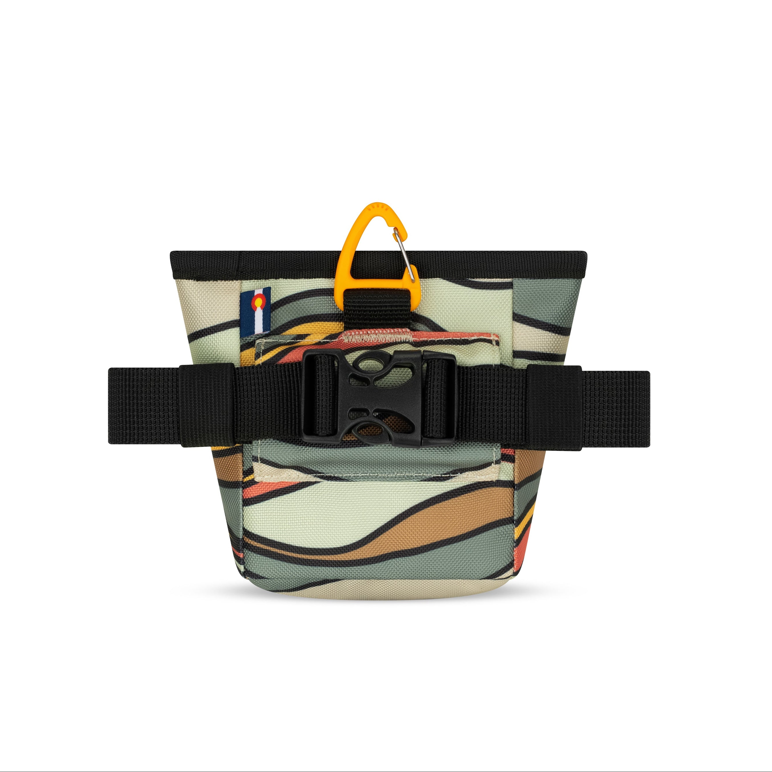 Back view of the OllyDog Goodie Treat Bag in ventura 73 print displaying the quick-release buckle and removable waist belt. #color_ventura '73