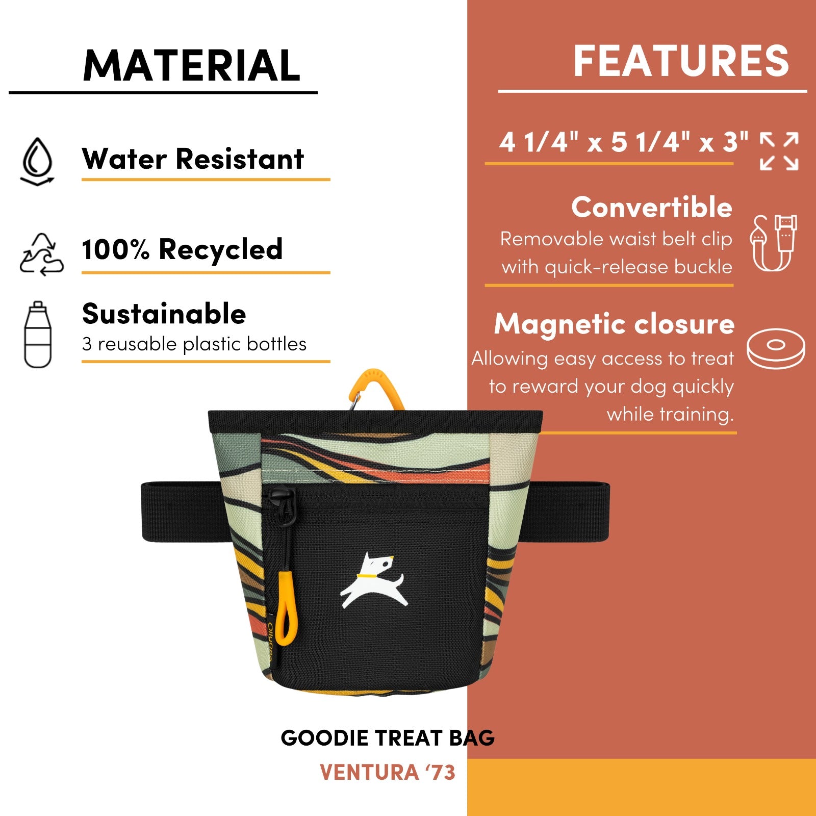 Infographic detailing the material and features of the OllyDog Goodie Treat Bag in ventura 73 print, including water-resistant material, 100% recycled fabric, dimensions, and magnetic closure. #color_ventura '73