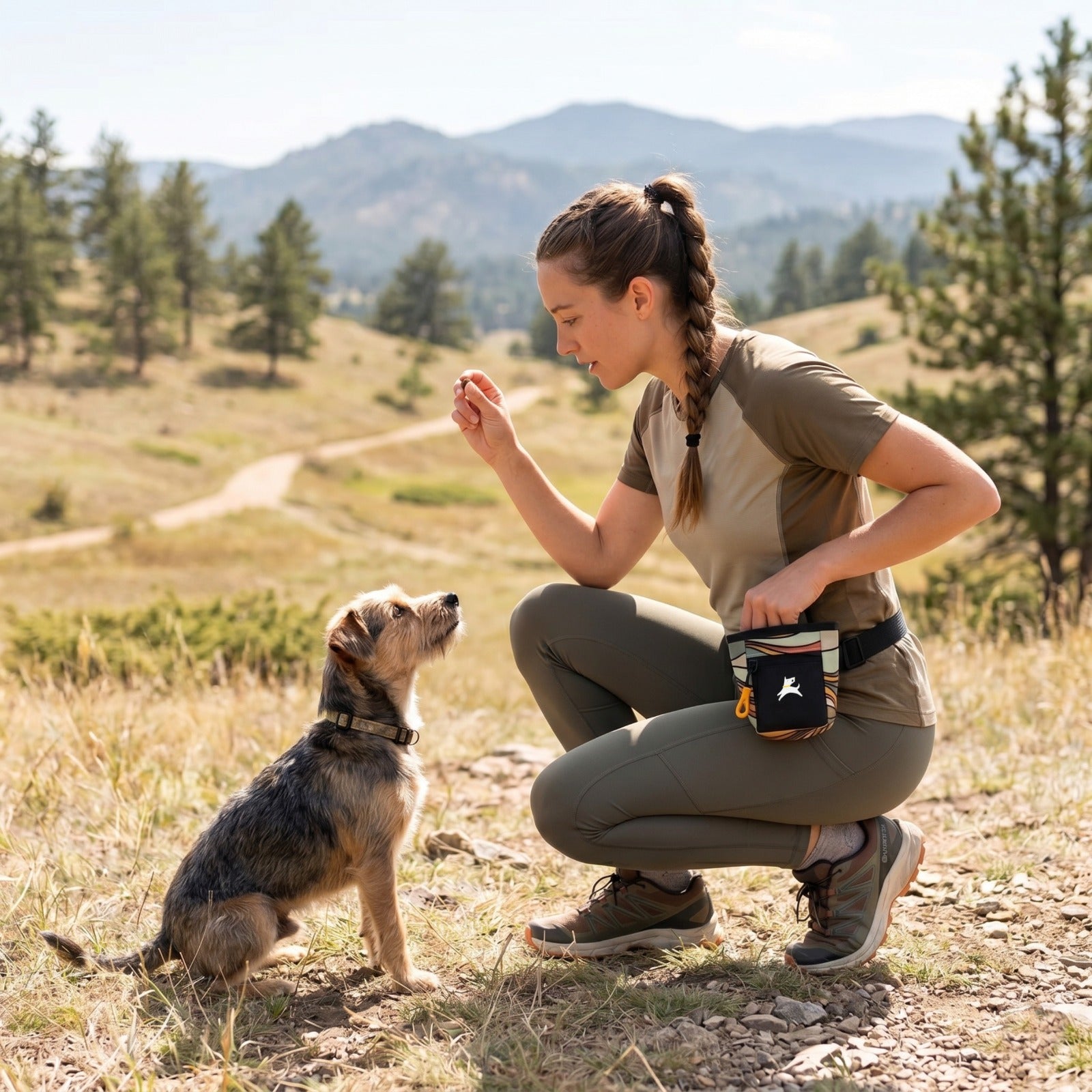 Lifestyle shot of a woman training her dog on an outdoor trail while wearing the OllyDog Goodie Treat Bag in ventura 73 print around her waist and offering a treat. #color_ventura '73
