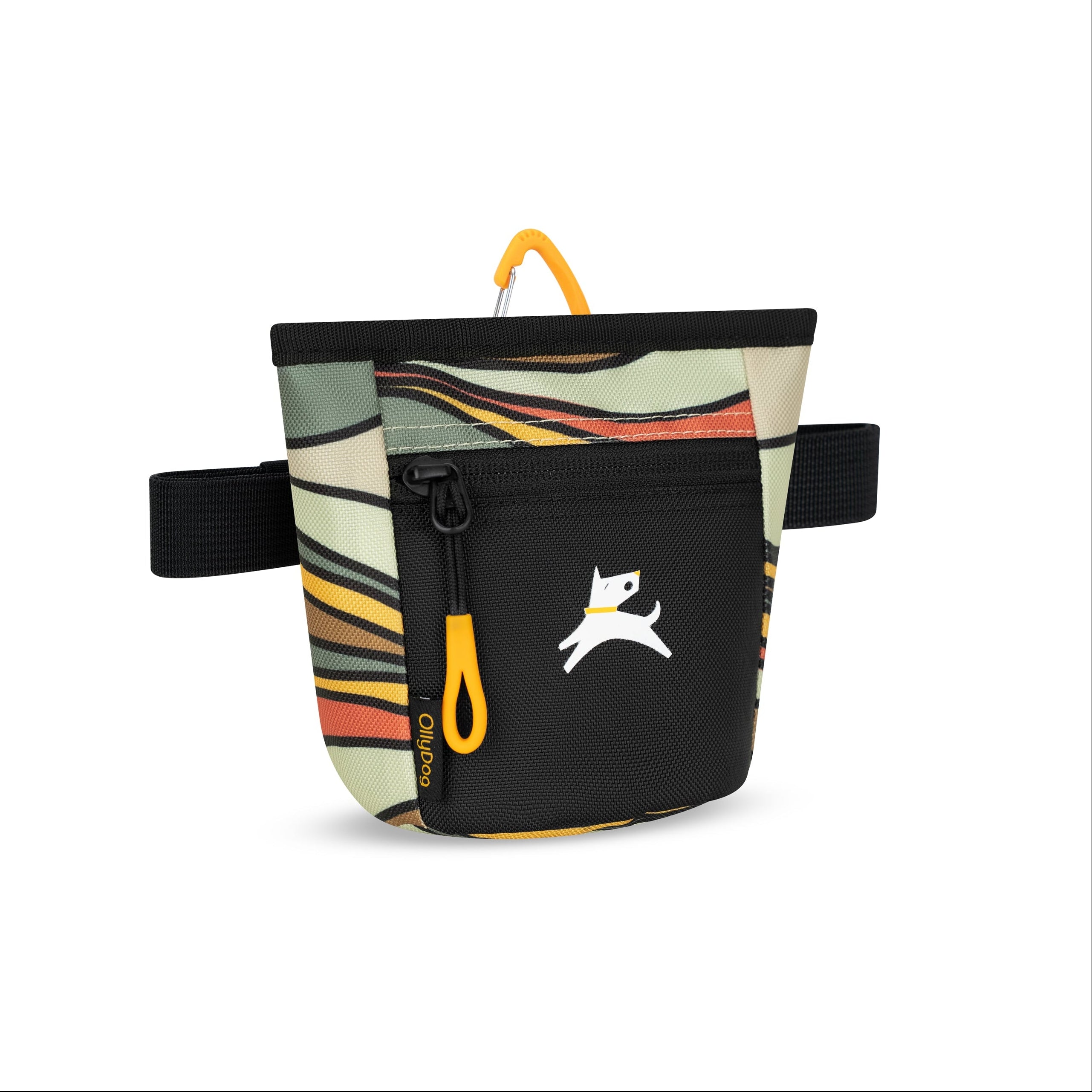Side angle view of the OllyDog Goodie Treat Bag in ventura 73 print featuring a hands-free design, front zipper pocket, and magnetic closure for dog training. #color_ventura '73