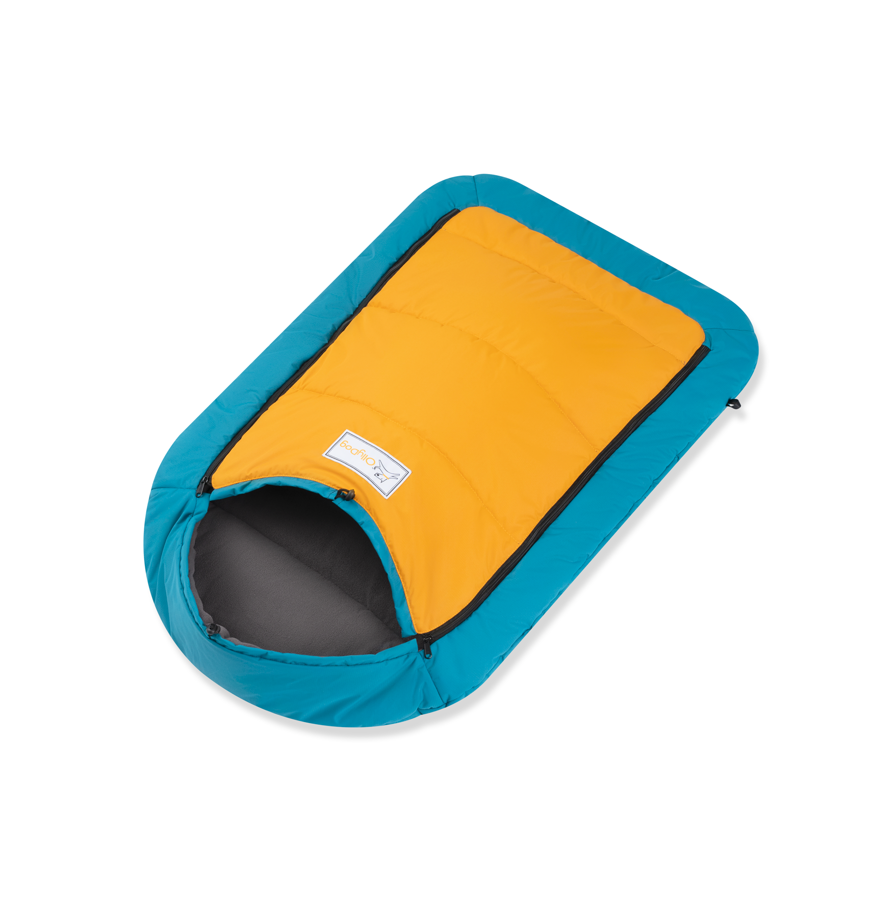 OllyDog Meeker Sleeping Bag for dogs in vibrant yellow and teal, featuring a soft fleece-lined interior and half-zip opening. Lightweight, water-resistant, and designed for camping or outdoor adventures, with roll-up portability