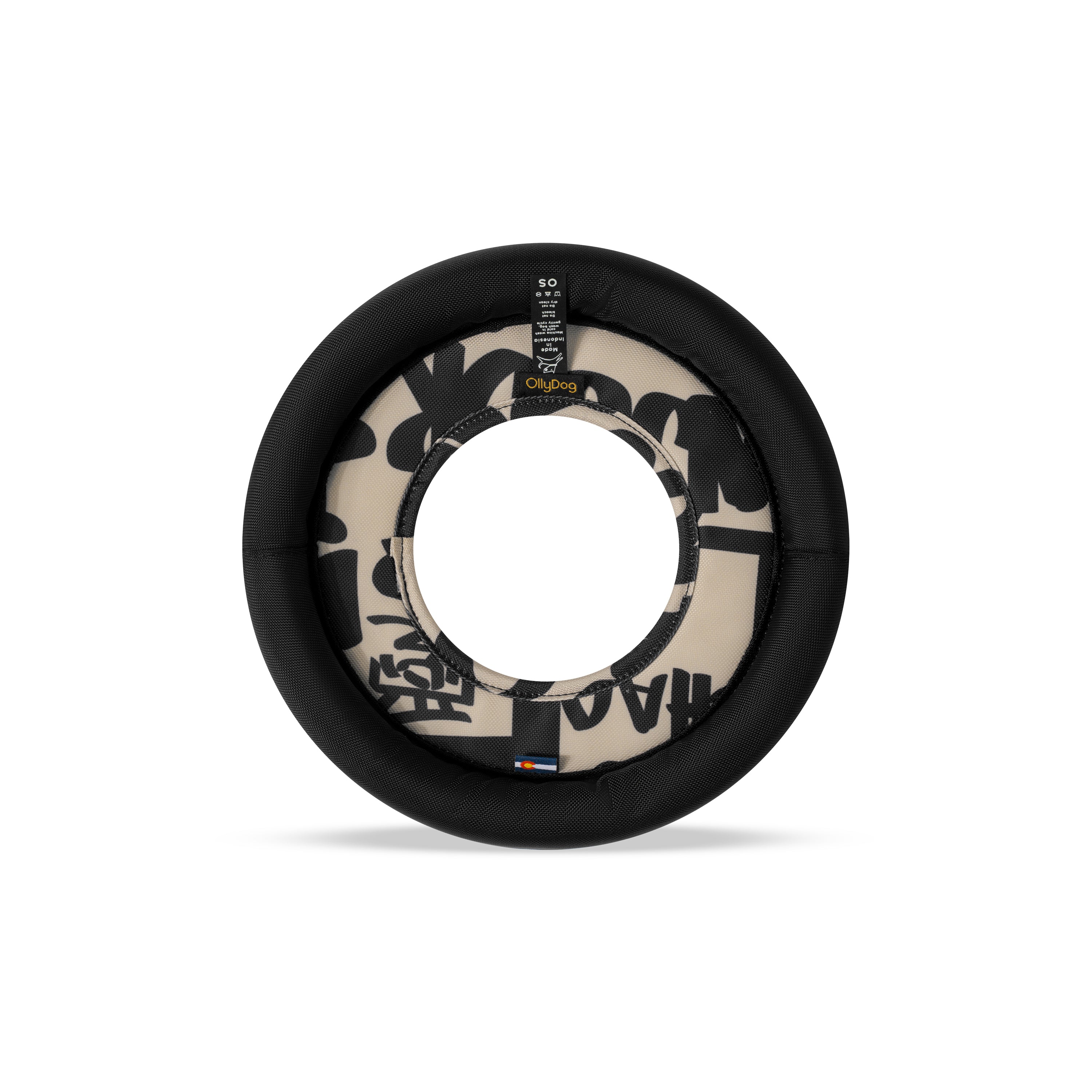 Back view of the OllyDog Mini Super Flyer dog flying disc in ciao typographic print color, highlighting the durable recycled polyester construction and branding details. #color_ciao