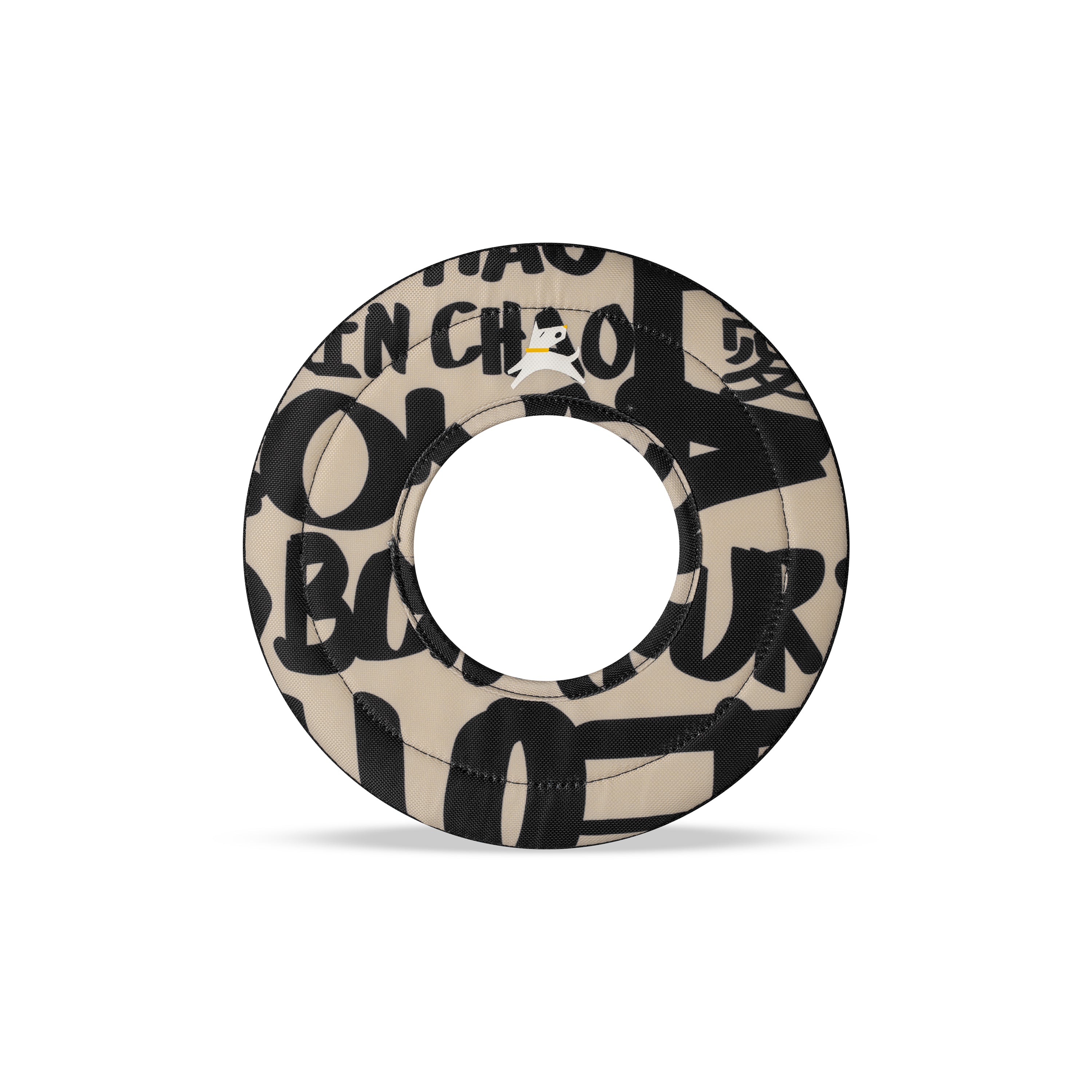 Front view of the OllyDog Mini Super Flyer dog flying disc in ciao typographic print color, showcasing the lightweight, water-compatible, and easy-to-grab recycled polyester design. #color_ciao
