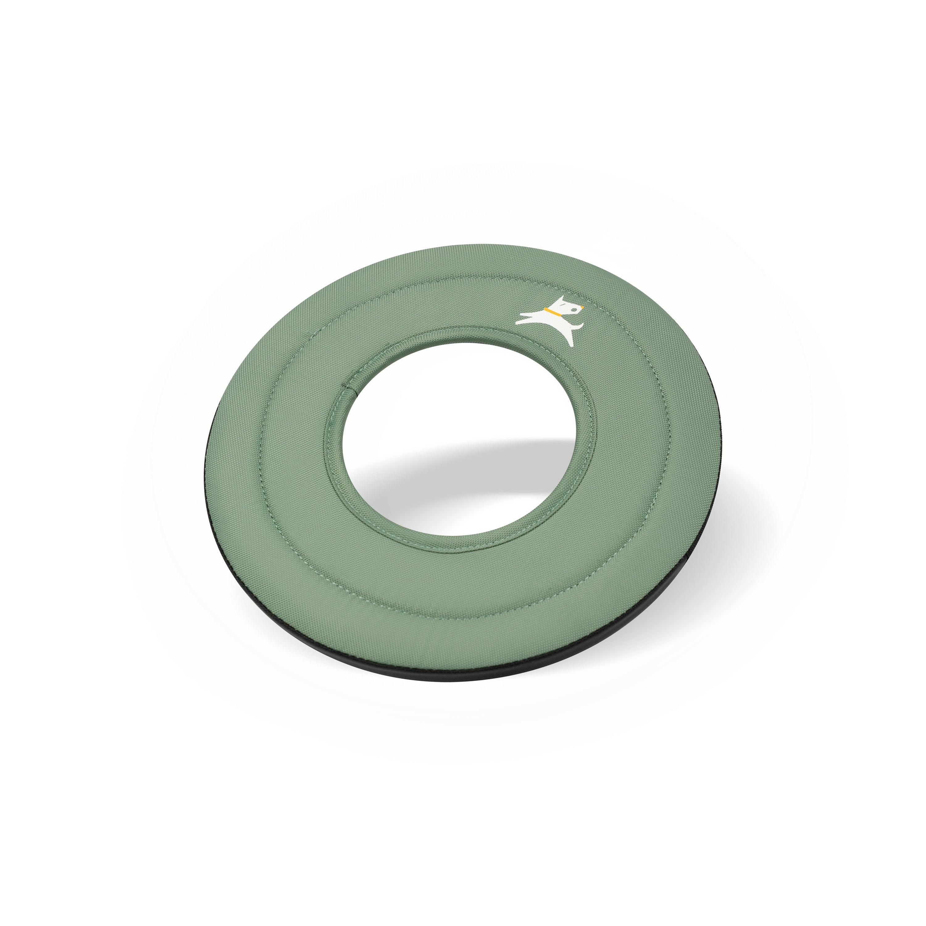 Side-angle view of the OllyDog Mini Super Flyer dog flying disc in olivine green color, highlighting its lightweight, easy-to-grab, and water-compatible recycled polyester design. #color_olivine