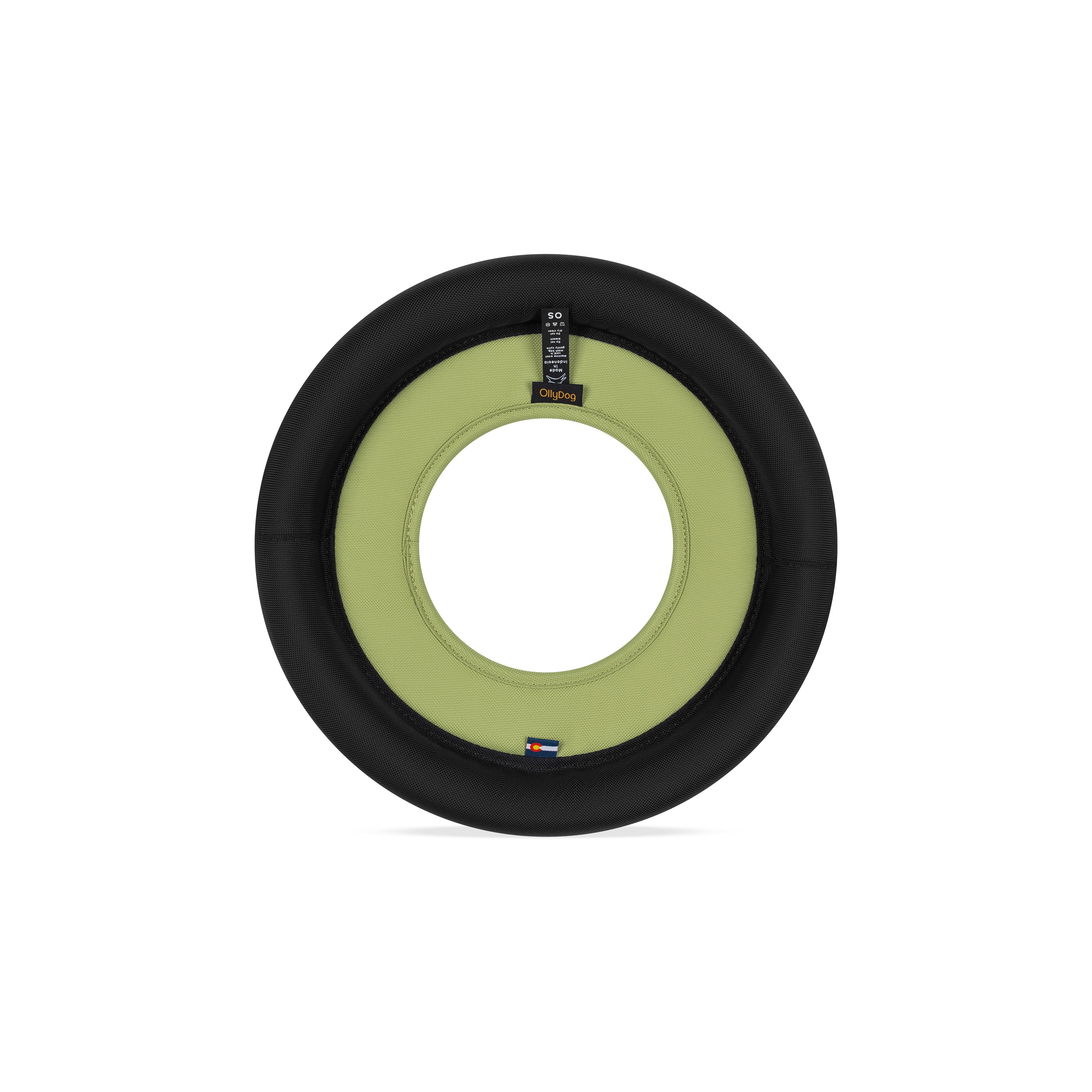 Back view of the OllyDog Mini Super Flyer dog flying disc in palm color, highlighting the durable recycled polyester construction and branding details. #color_palm