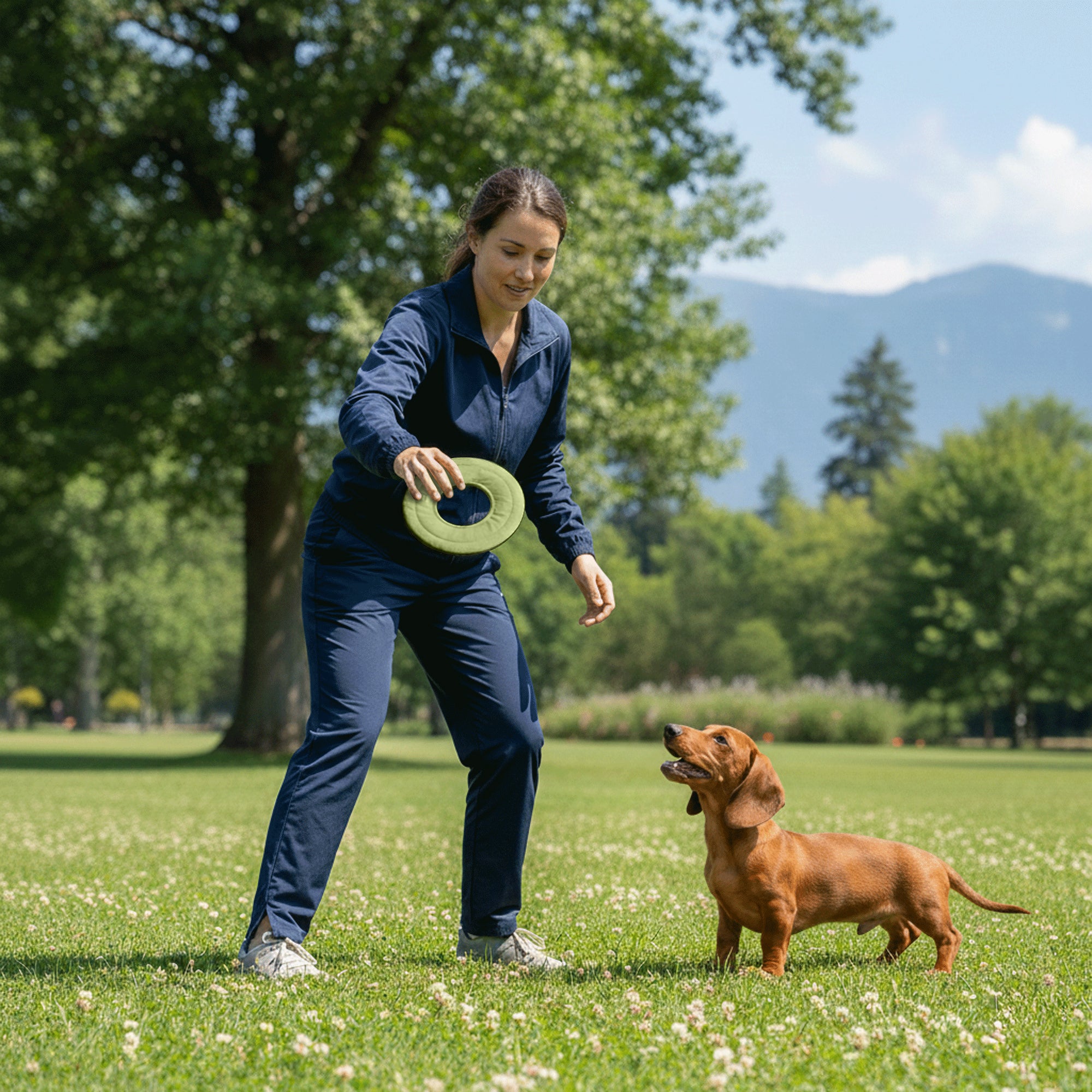 Lifestyle shot of a woman in blue athletic wear preparing to throw the OllyDog Mini Super Flyer dog flying disc in palm green color to a cute dachshund waiting eagerly on a green lawn in a park. #color_palm