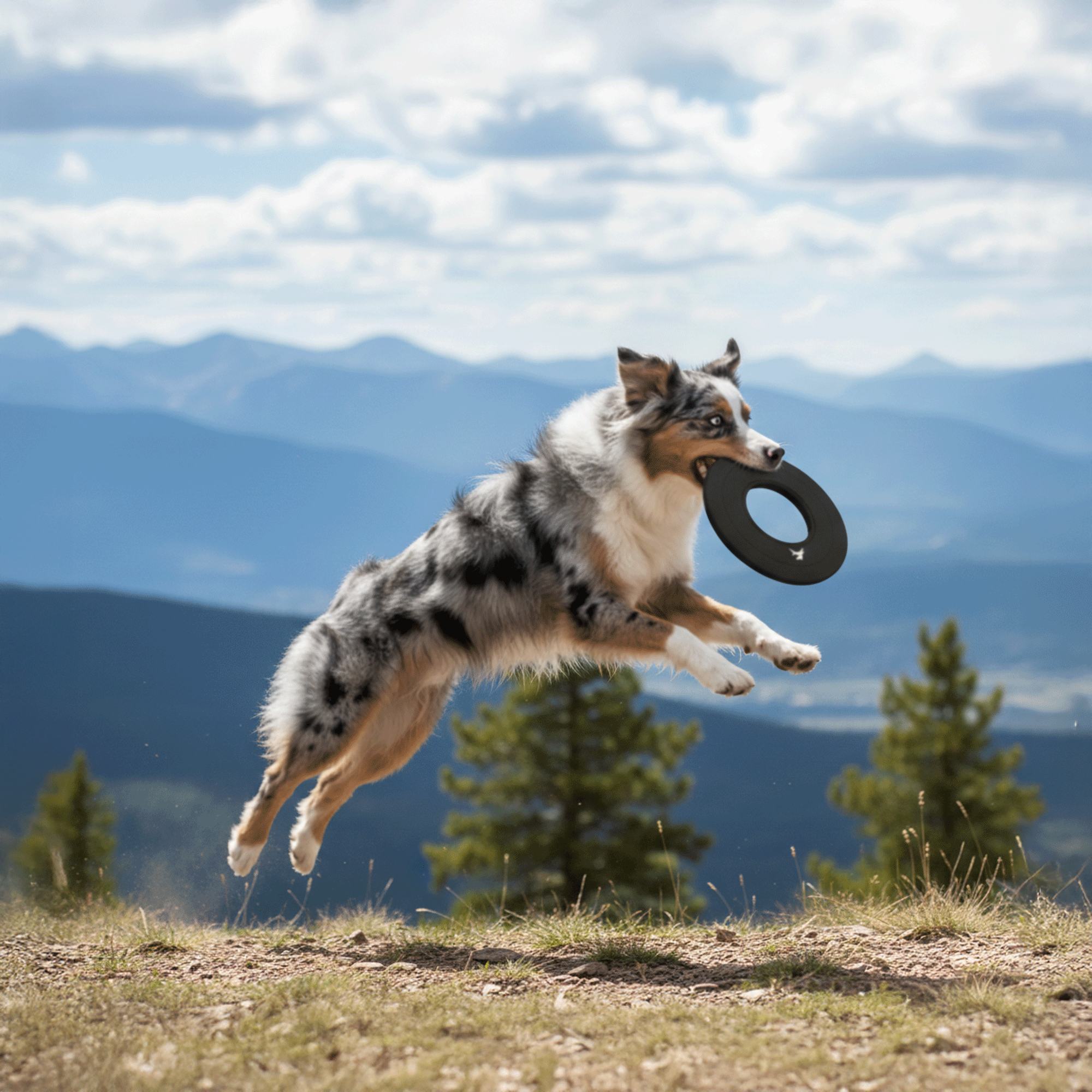 Action lifestyle shot of an Australian Shepherd leaping through the air with the OllyDog Mini Super Flyer dog flying disc in raven black color against a scenic mountain and forest backdrop. #color_raven