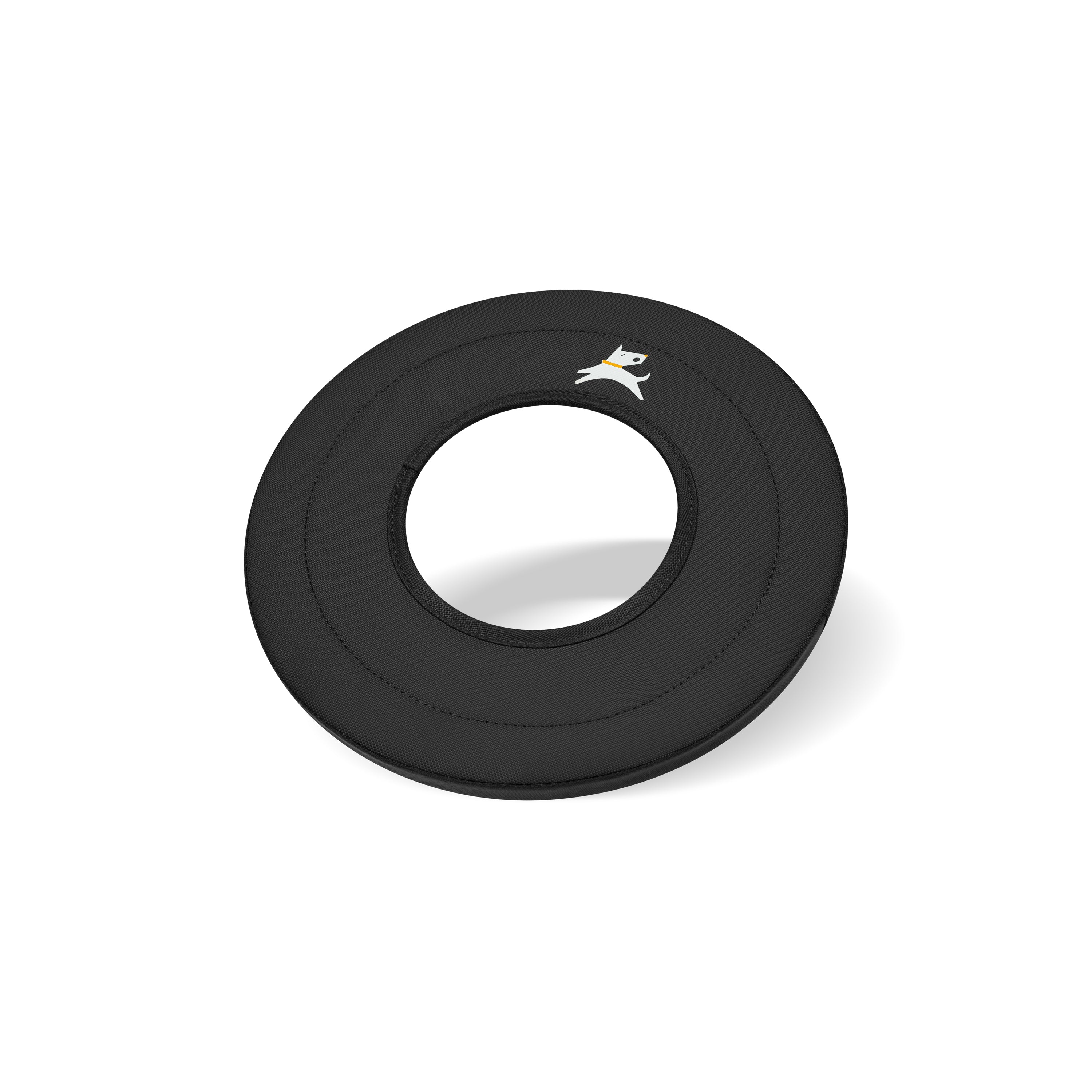 Side-angle view of the OllyDog Mini Super Flyer dog flying disc in black raven color, highlighting its lightweight, easy-to-grab, and water-compatible recycled polyester design. #color_raven