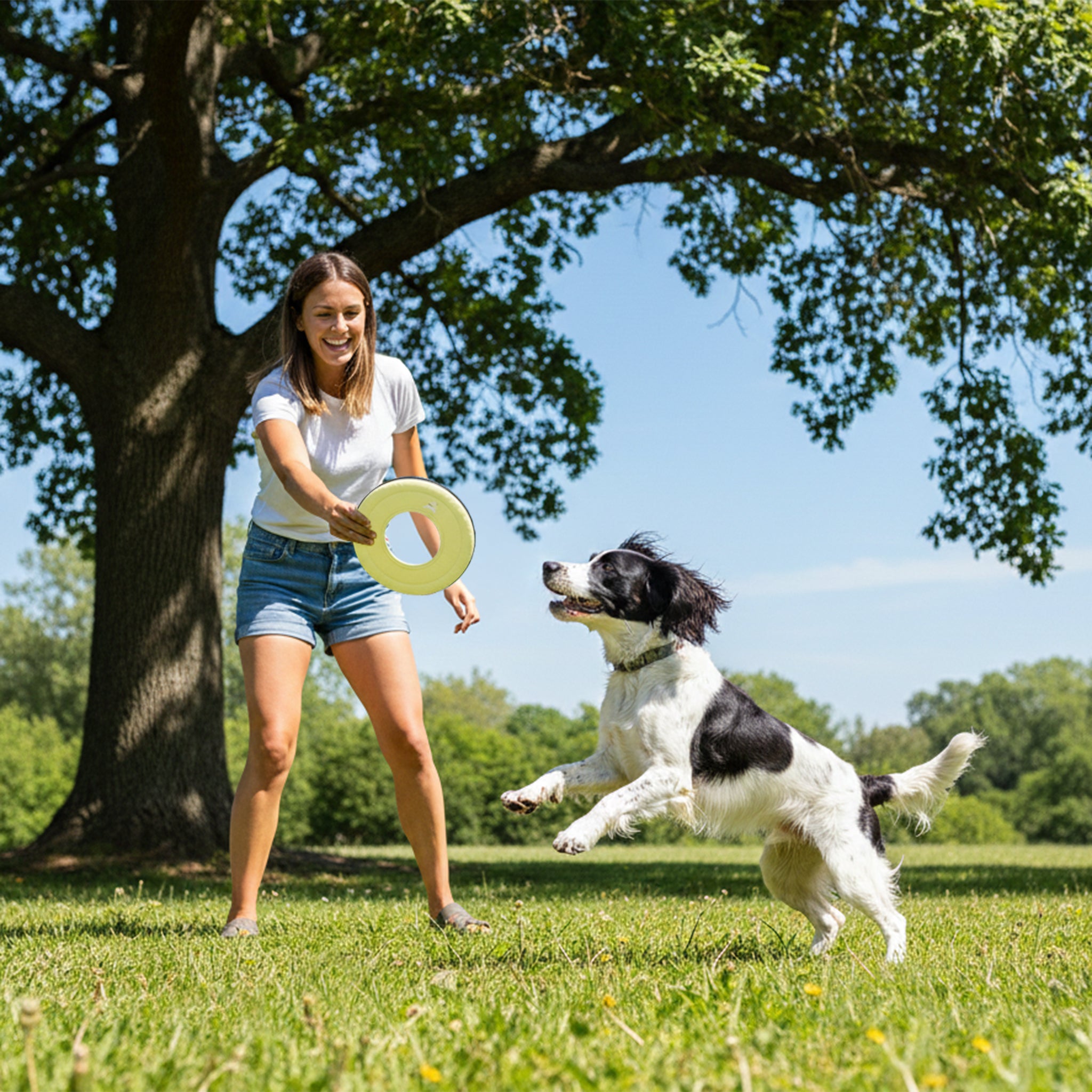 Lifestyle shot of a smiling woman in a white t-shirt and denim shorts playing fetch with a black and white dog using the OllyDog Mini Super Flyer dog flying disc in sol yellow color in a sunny park under a large tree. #color_sol