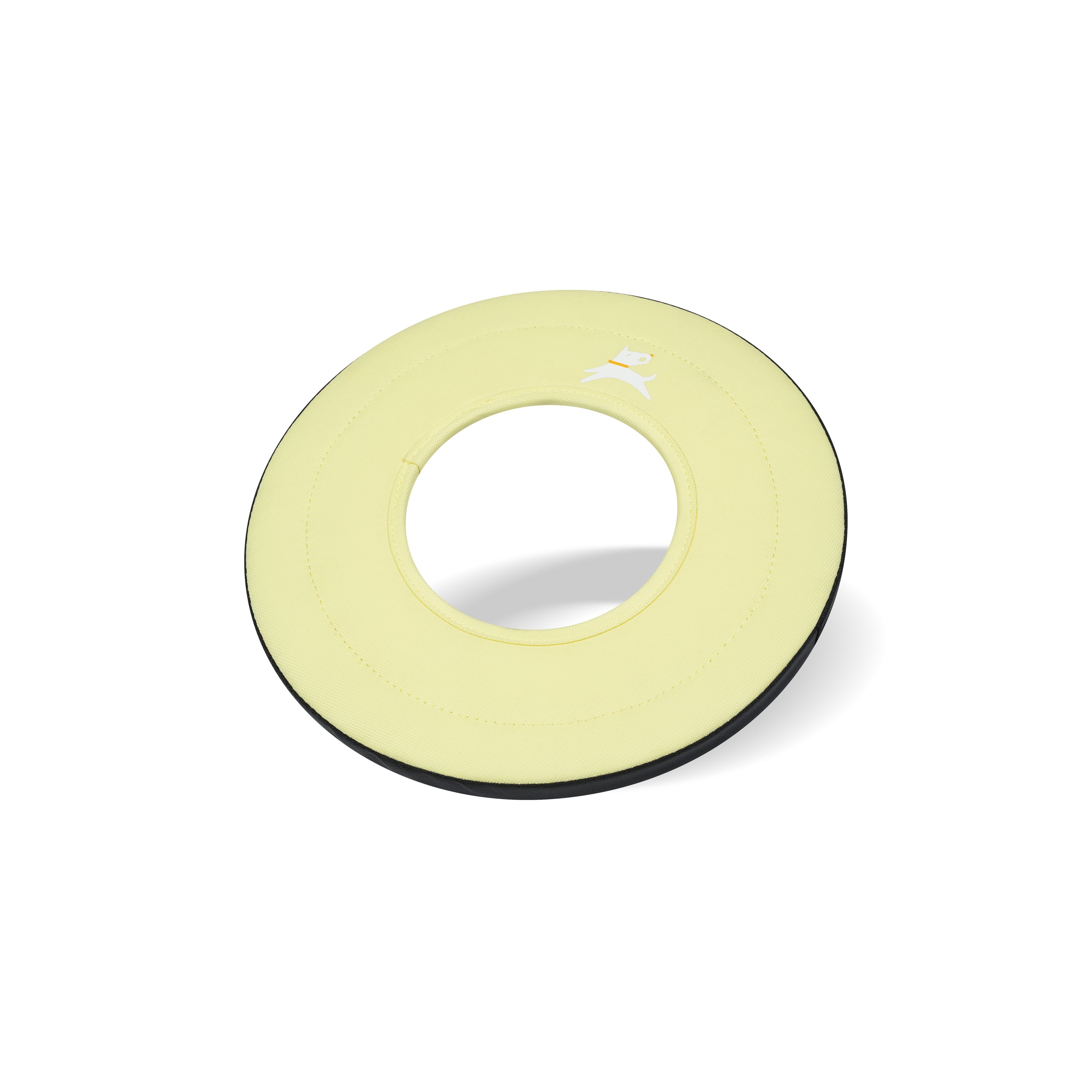Side-angle view of the OllyDog Mini Super Flyer dog flying disc in sol color, highlighting its lightweight, easy-to-grab, and water-compatible recycled polyester design. #color_sol