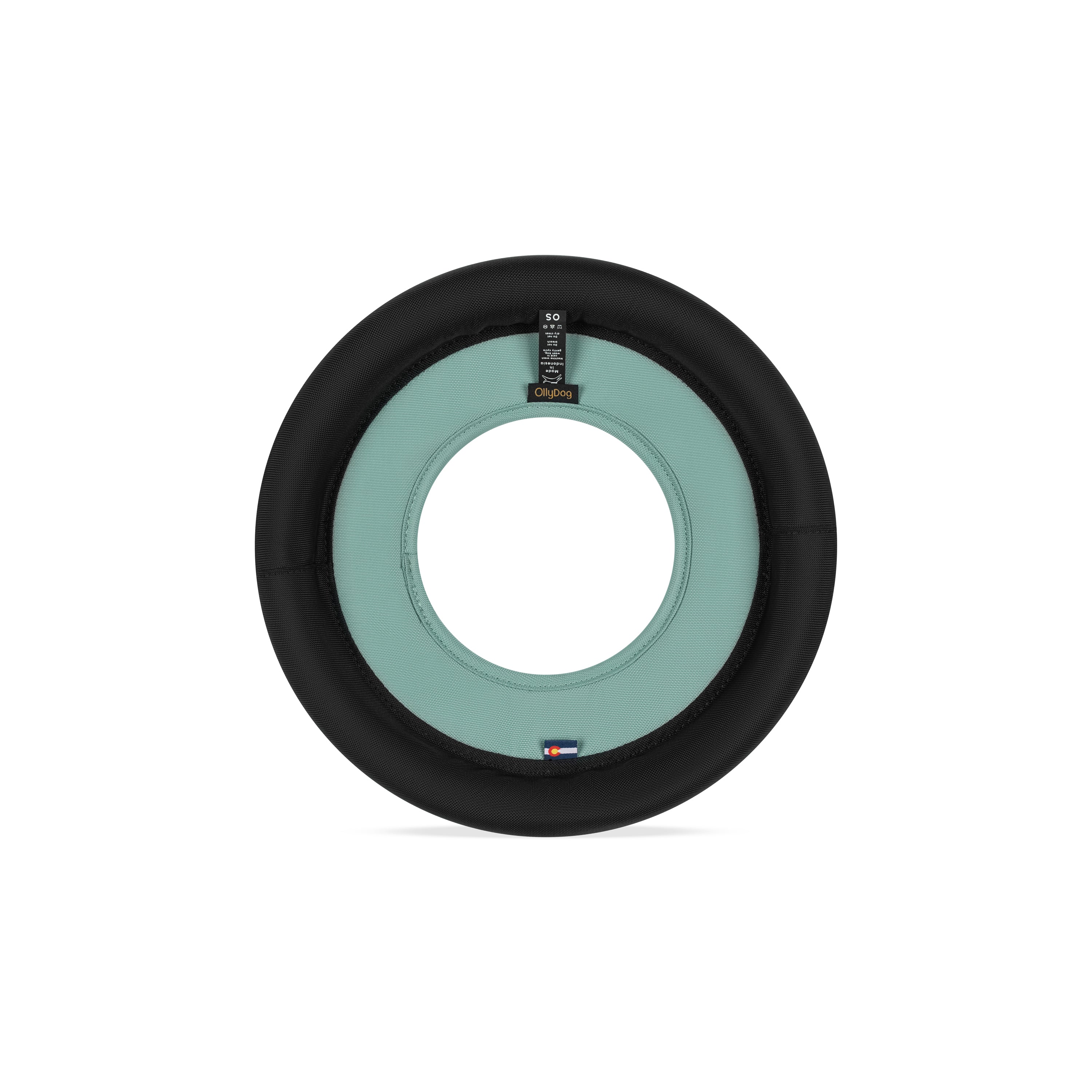 Back view of the OllyDog Mini Super Flyer dog flying disc in surf color, highlighting the durable recycled polyester construction and branding details. #color_surf