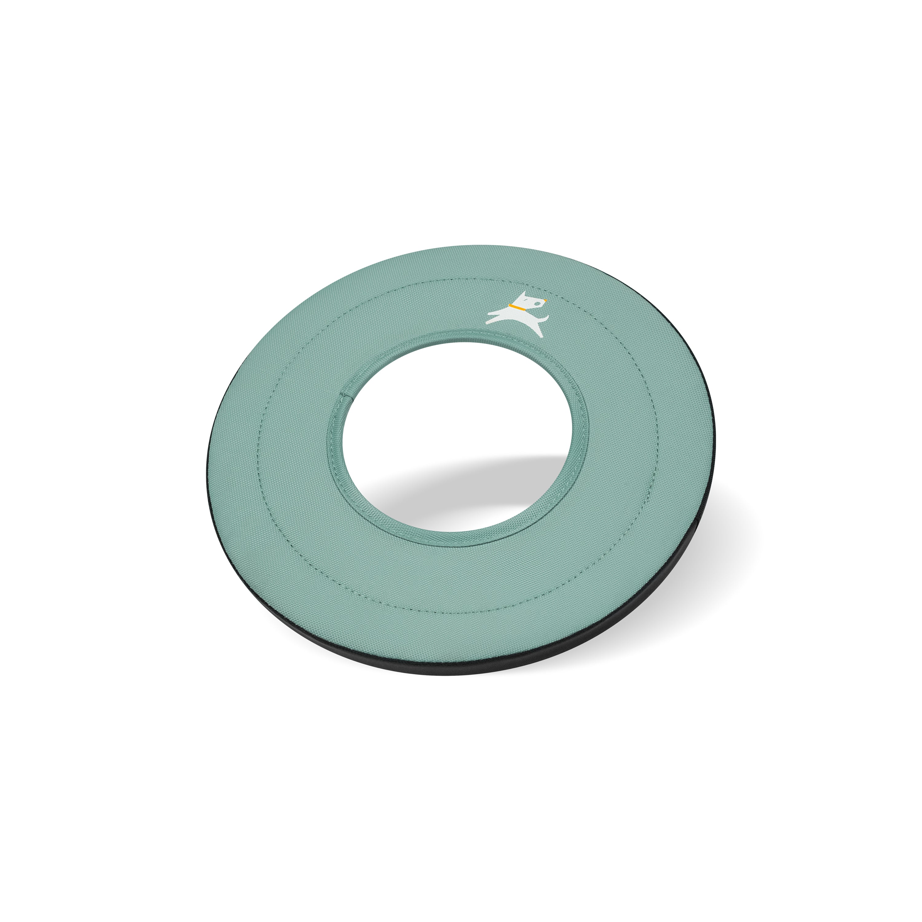 Side-angle view of the OllyDog Mini Super Flyer dog flying disc in surf color, highlighting its lightweight, easy-to-grab, and water-compatible recycled polyester design. #color_surf