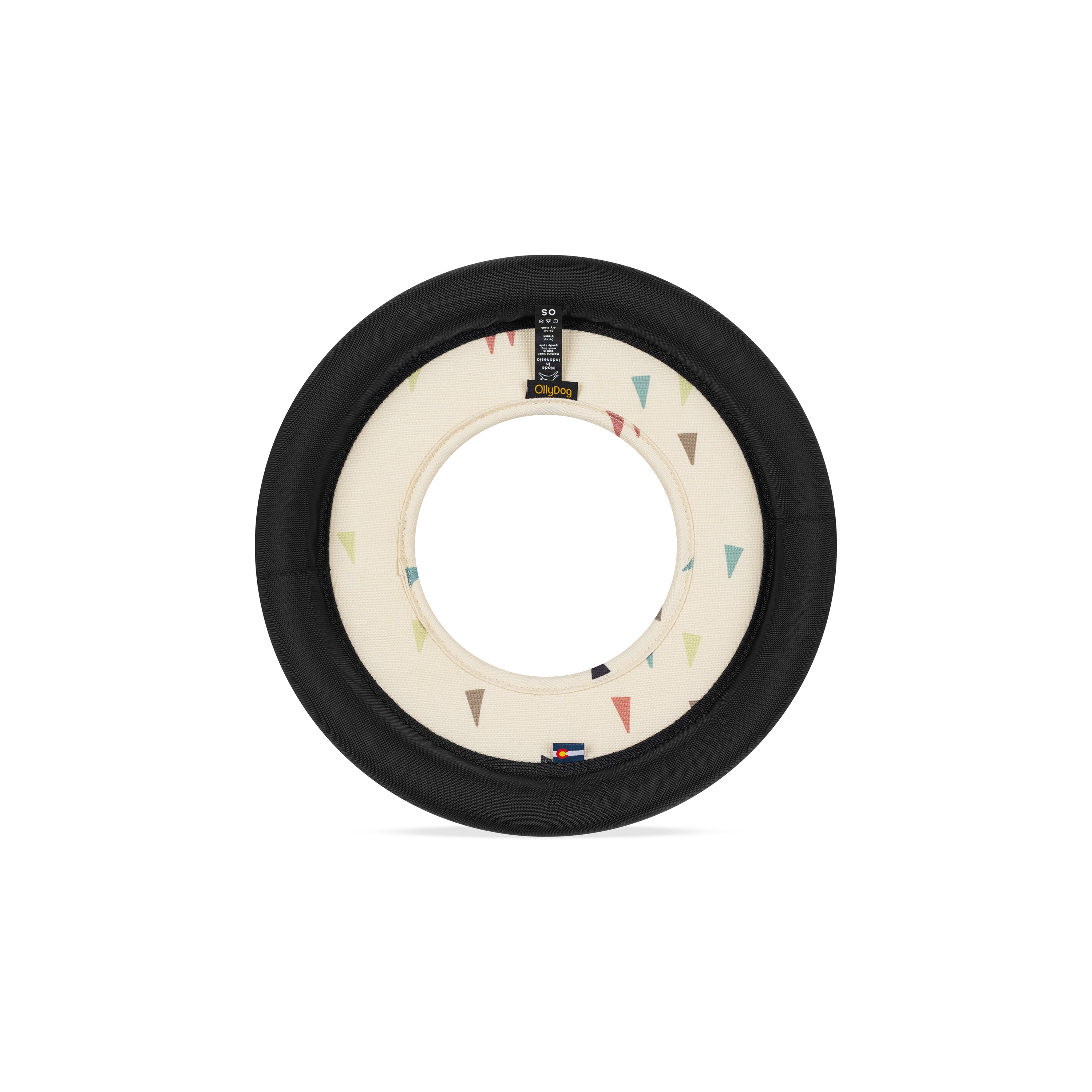 Back view of the OllyDog Mini Super Flyer dog flying disc in terrazzo print color, highlighting the durable recycled polyester construction and branding details. #color_terrazzo