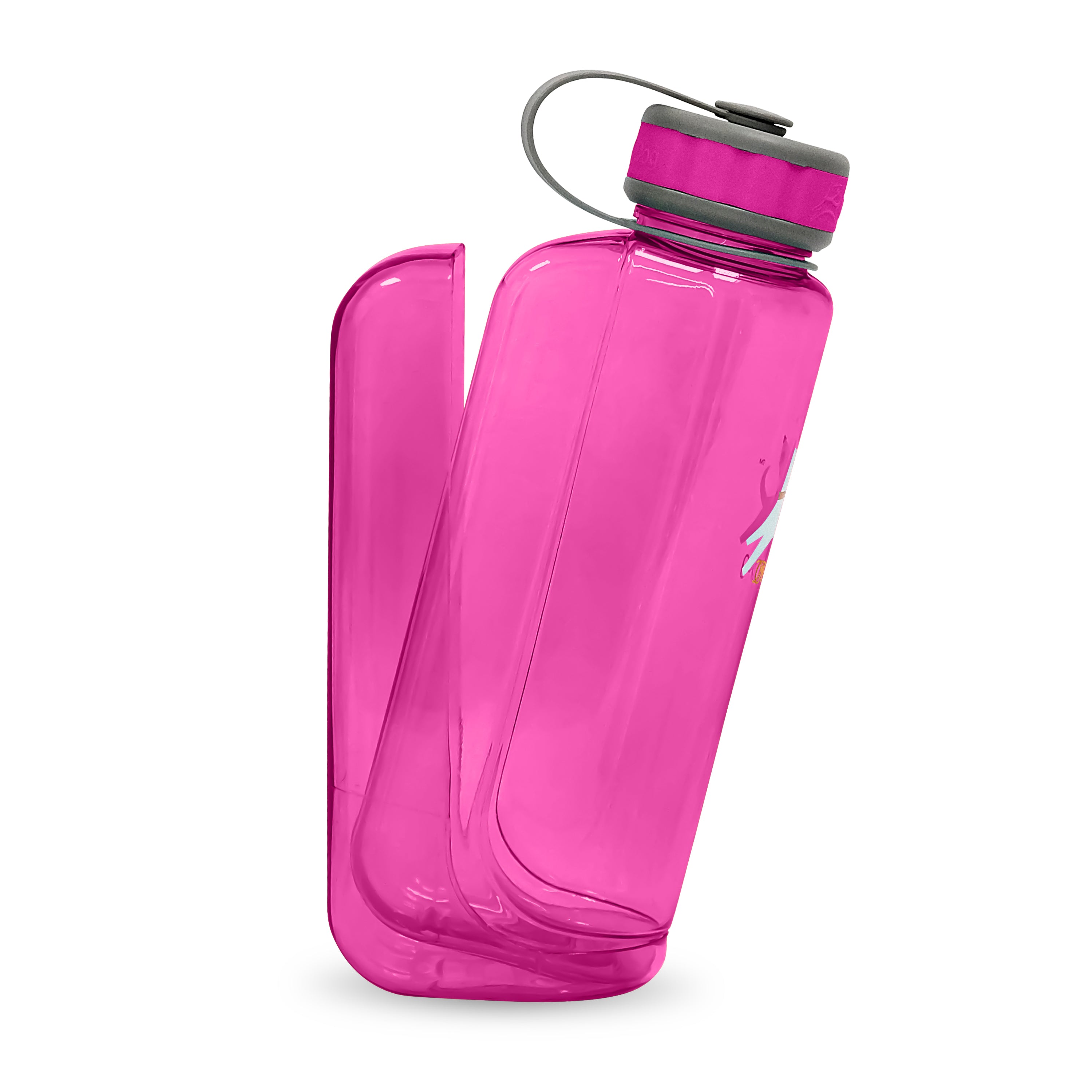 Detailed view of a Magenta 1L OllyBottle dog water bottle, highlighting the patented design where the detachable bowl snaps securely into the side of the BPA-free plastic bottle for travel-friendly hydration #size_hot pink / 1l
