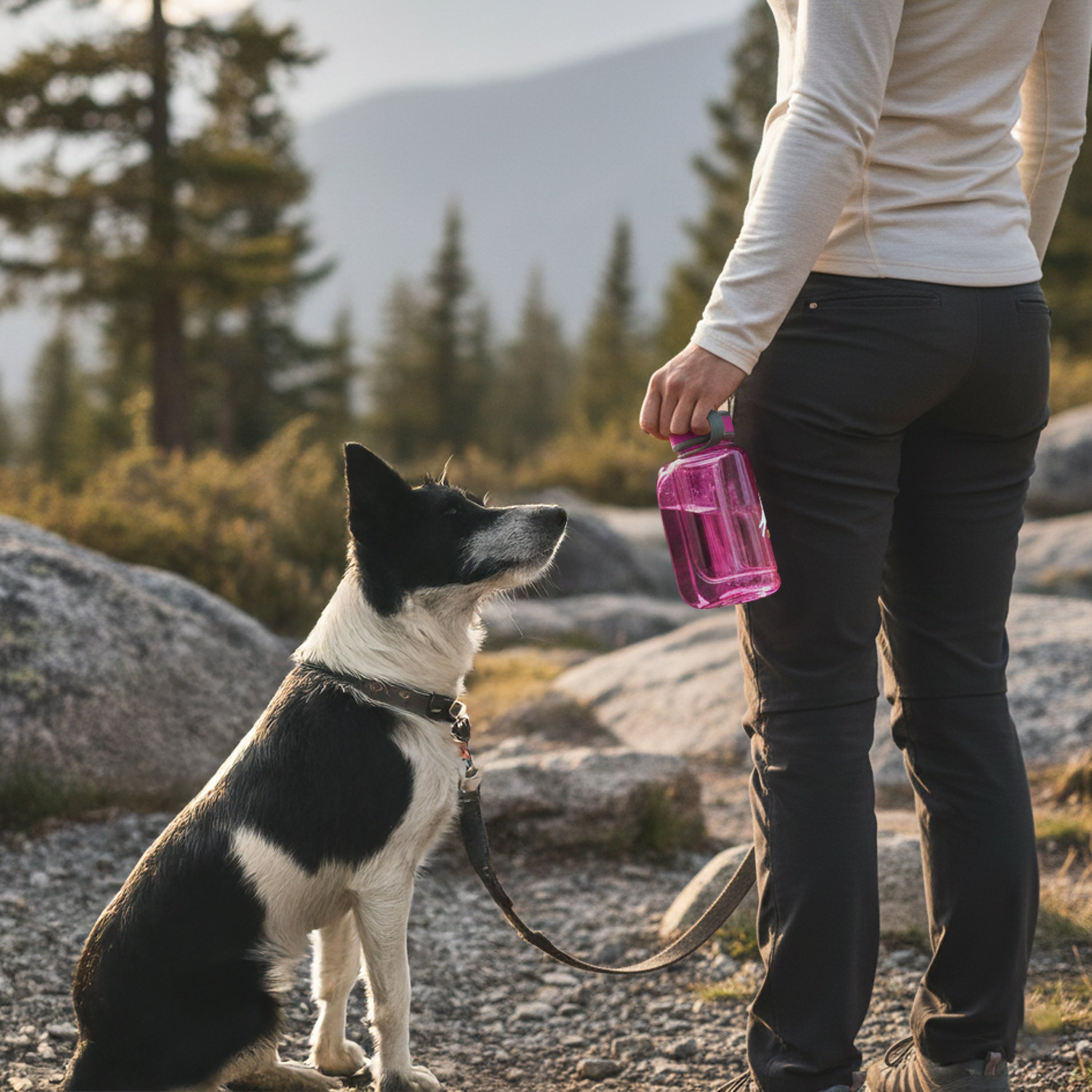 A hiker stands on a rocky mountain trail holding a 600ml Magenta OllyBottle by their side while their black and white dog sits patiently, showcasing the portable, BPA-free water dispenser for outdoor travel #size_hot pink / 600ml