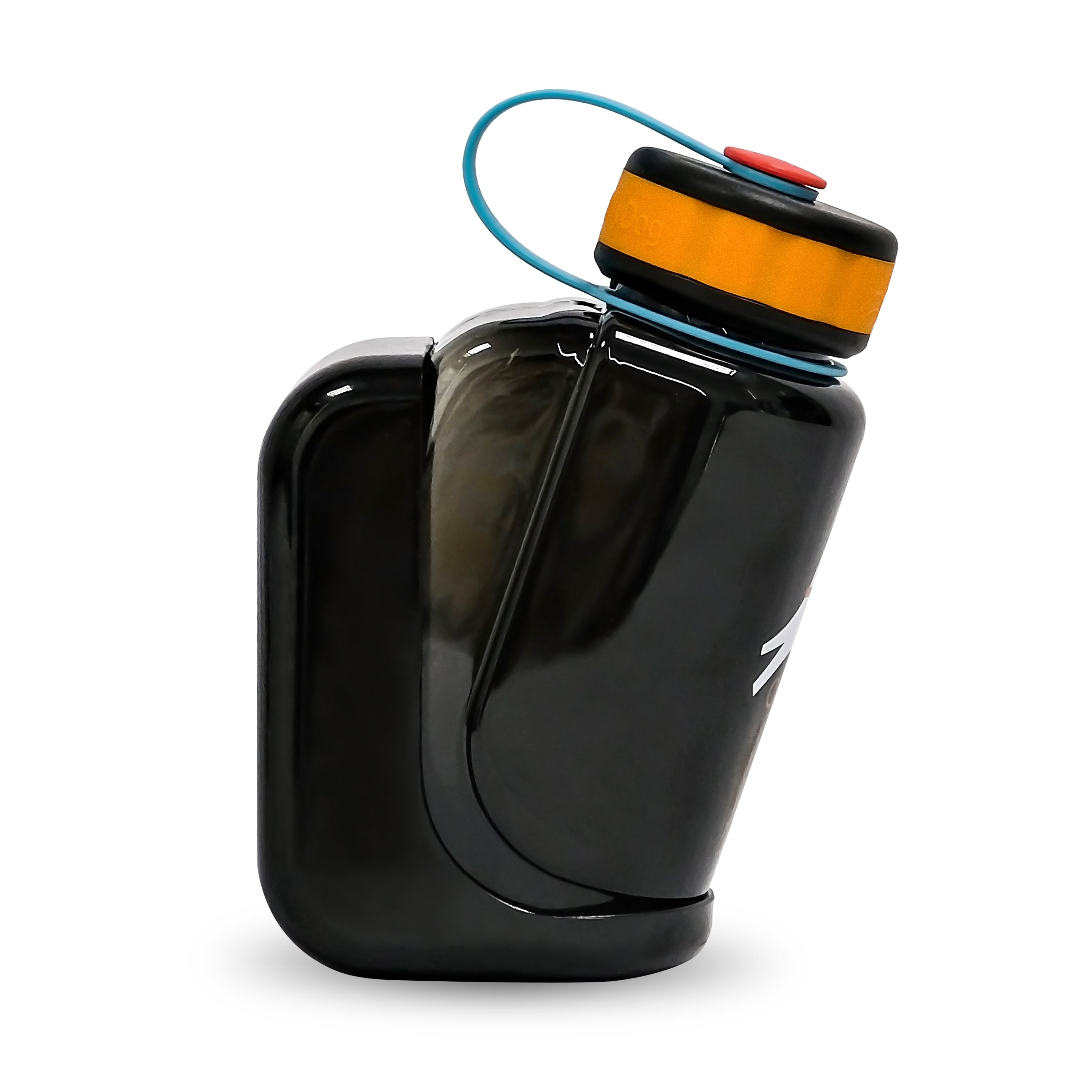 Close-up detail view of the OllyDog OllyBottle portable dog water bottle in 600ml chromatic black size, showing the detachable bowl being removed from the side for easy, slobber-free water sharing on the go.#size_chromatic / 600ml