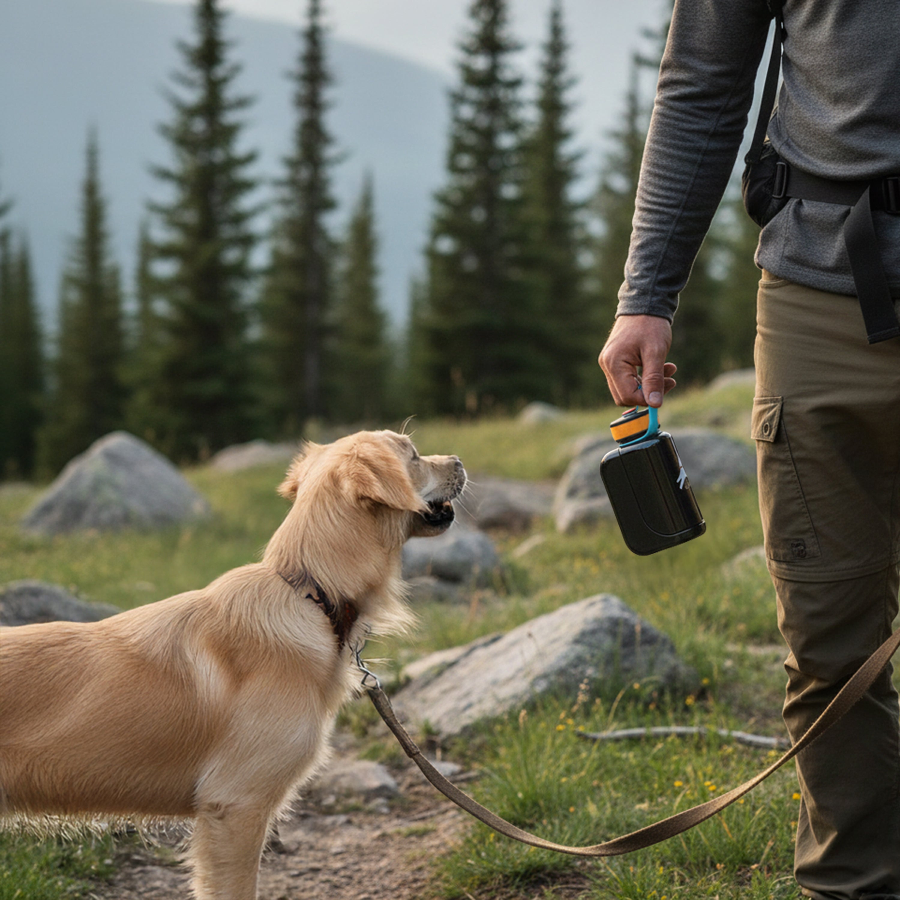 Lifestyle shot of a person hiking with a golden dog on a trail, holding the 600ml OllyDog OllyBottle portable water dispenser in chromatic black. #size_chromatic / 600ml