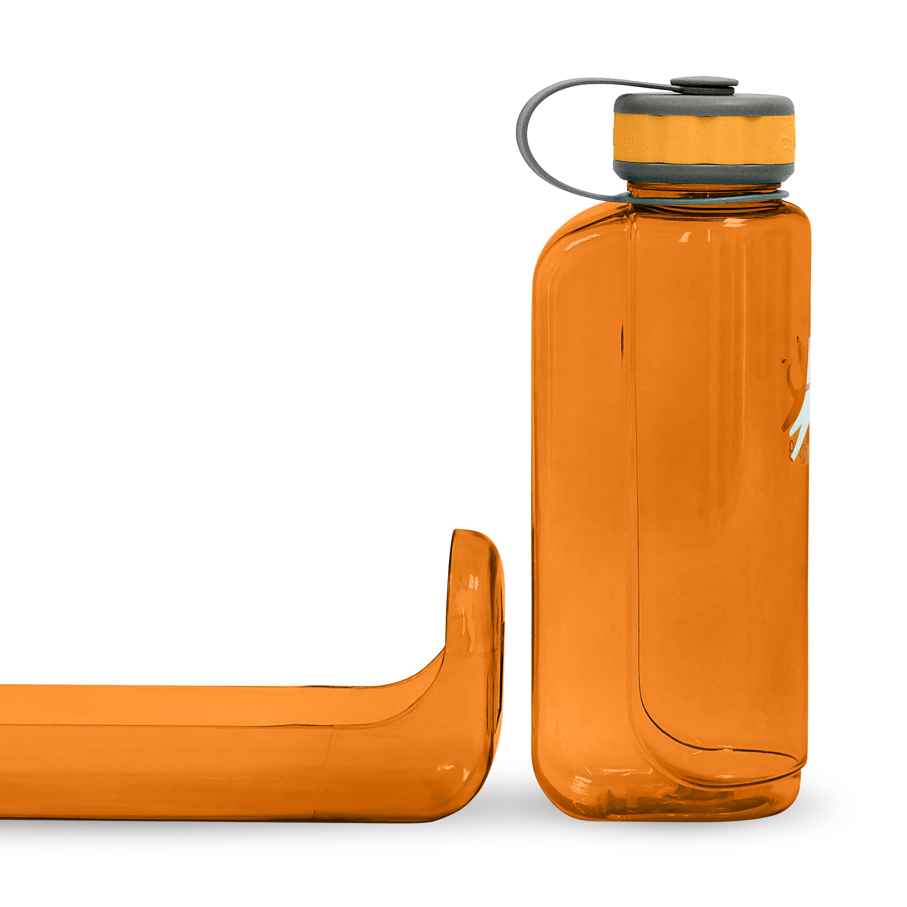 Close-up detail view of the OllyDog OllyBottle portable dog water bottle in 1-liter flame orange size, showing the bowl fully detached from the side to allow easy, slobber-free water sharing for you and your dog on the go.#size_flame - 1l
