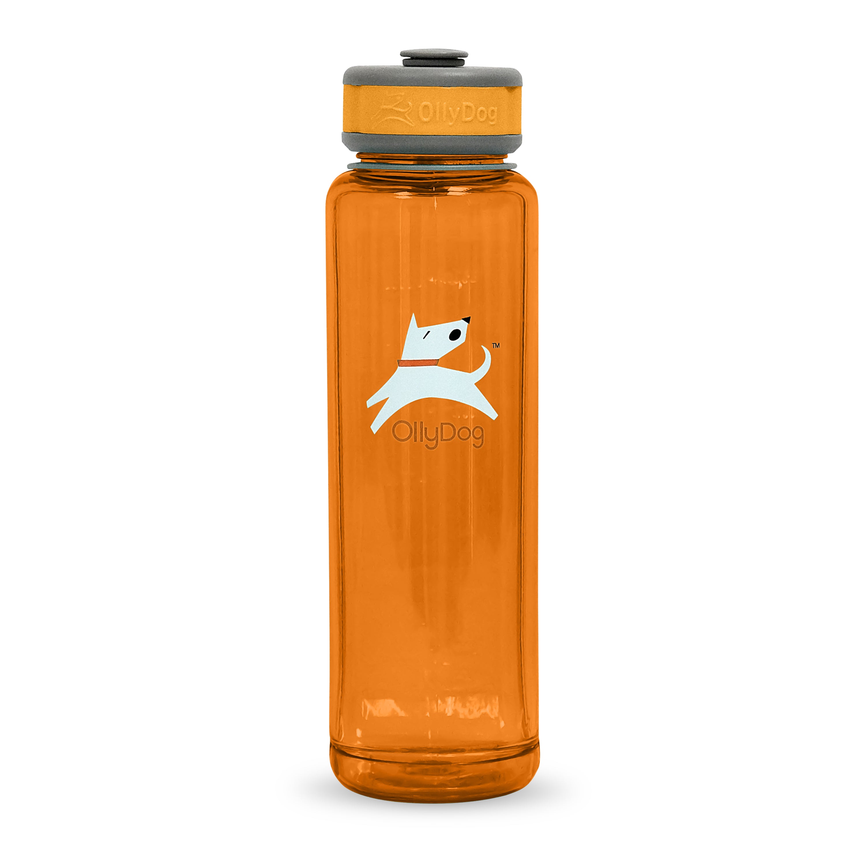 Front view of the OllyDog OllyBottle portable dog water bottle in 1-liter flame orange size, highlighting the durable, BPA-free plastic material and brand logo for travel-friendly outdoor hydration.#size_flame - 1l