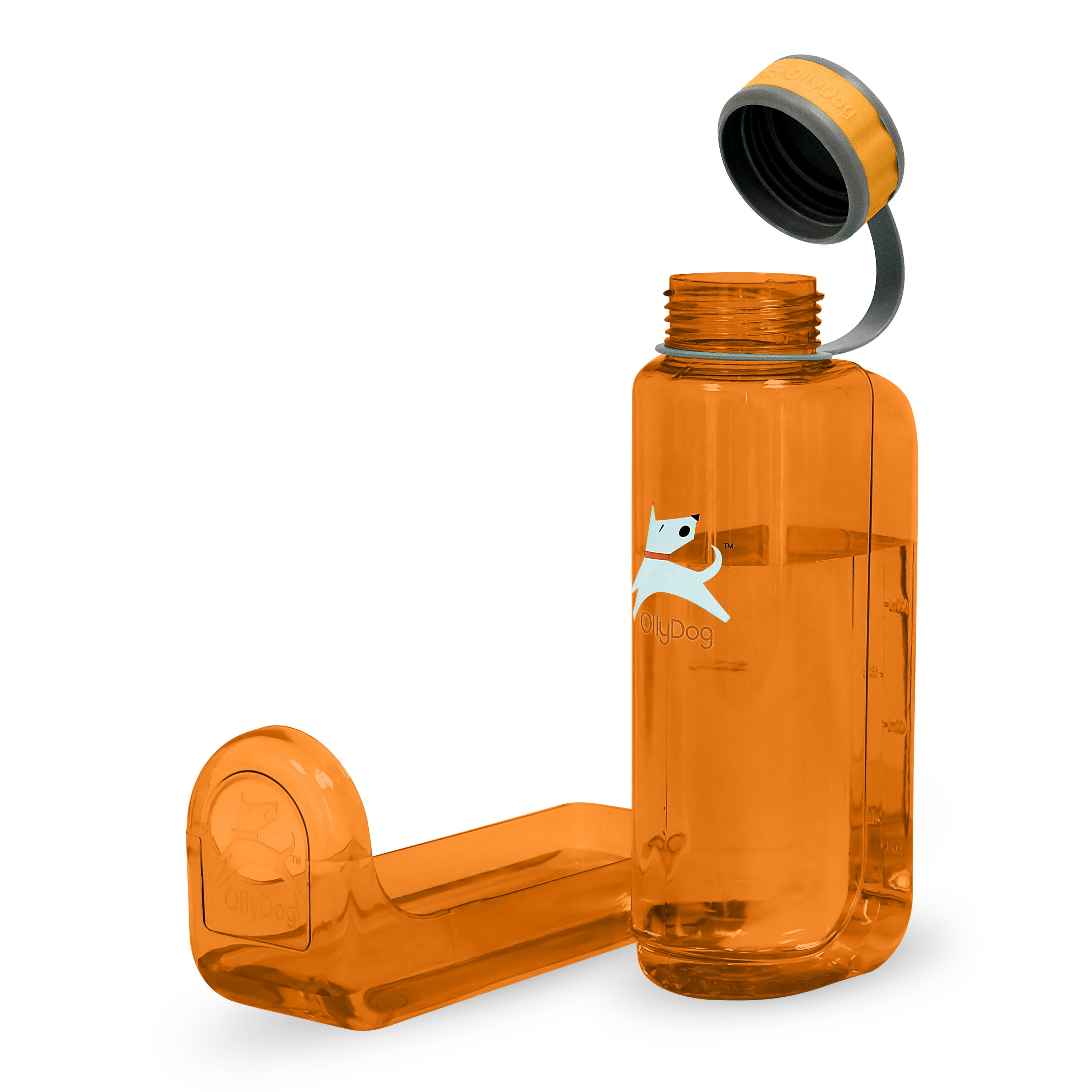 Side view of the OllyDog OllyBottle portable dog water bottle in 1-liter flame orange size, showcasing the BPA-free plastic design and detachable bowl attachment for travel-friendly sharing on the go.#size_flame - 1l