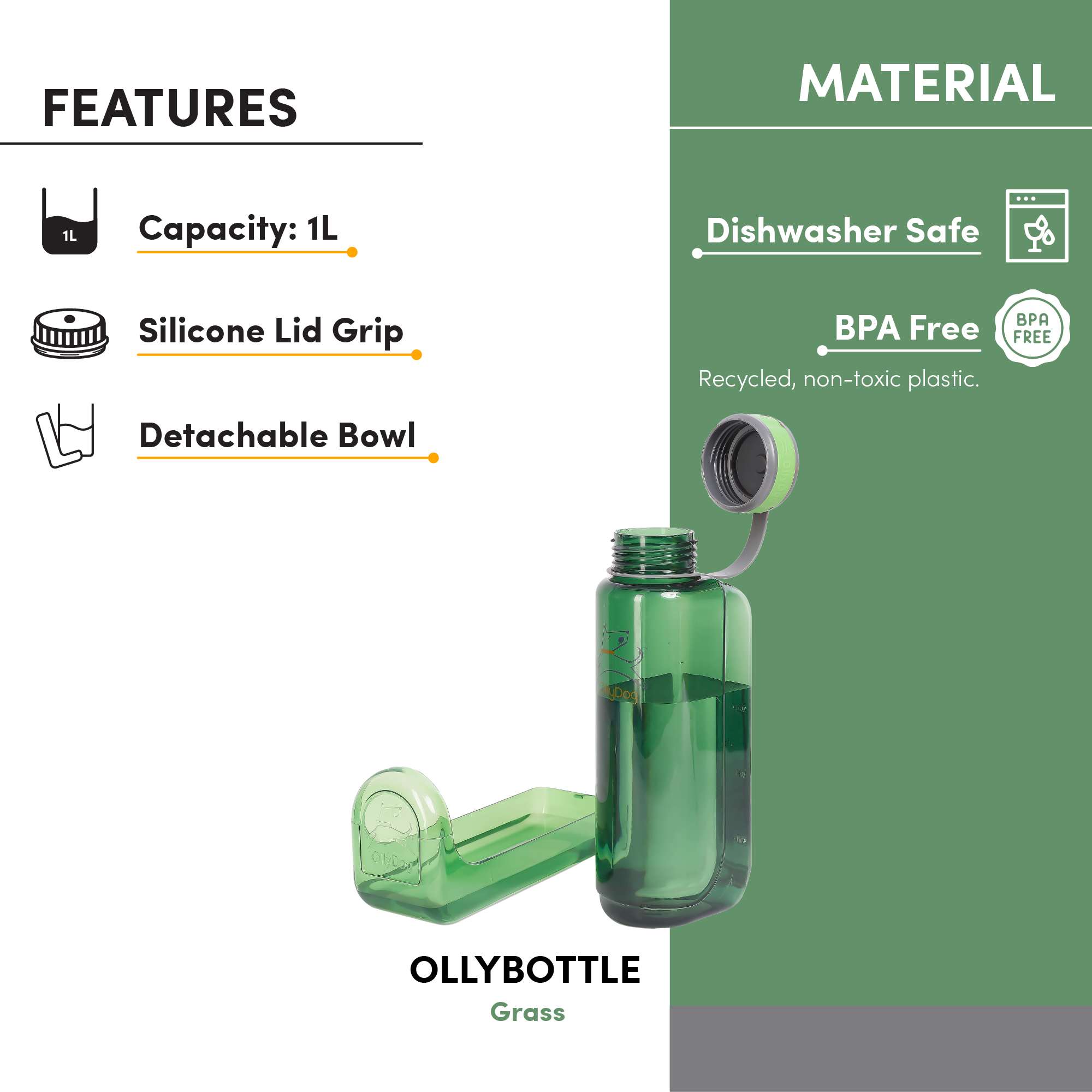Infographic banner detailing features and materials of the OllyDog OllyBottle portable dog water bottle in 1L grass green size, highlighting a 1L capacity, silicon lid grip, detachable bowl, dishwasher safe, and BPA-free non-toxic plastic. #size_grass / 1l