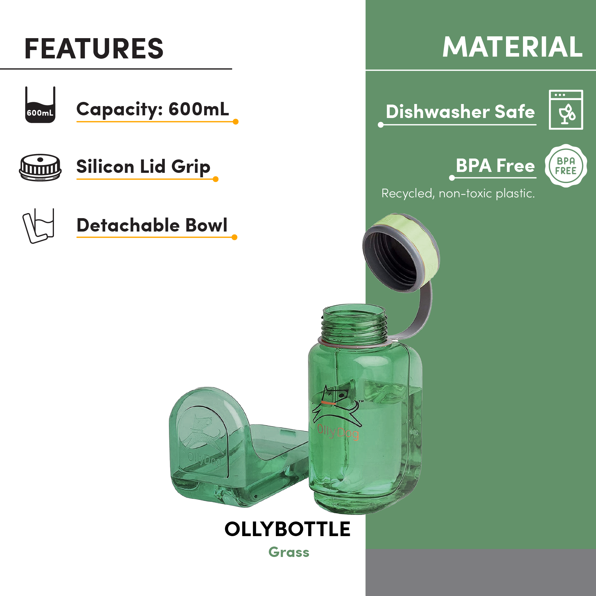 Infographic banner detailing features and materials of the OllyDog OllyBottle portable dog water bottle in 600ml grass green size, highlighting a 600ml capacity, silicon lid grip, detachable bowl, dishwasher safe, and BPA-free non-toxic plastic.#size_grass / 600ml