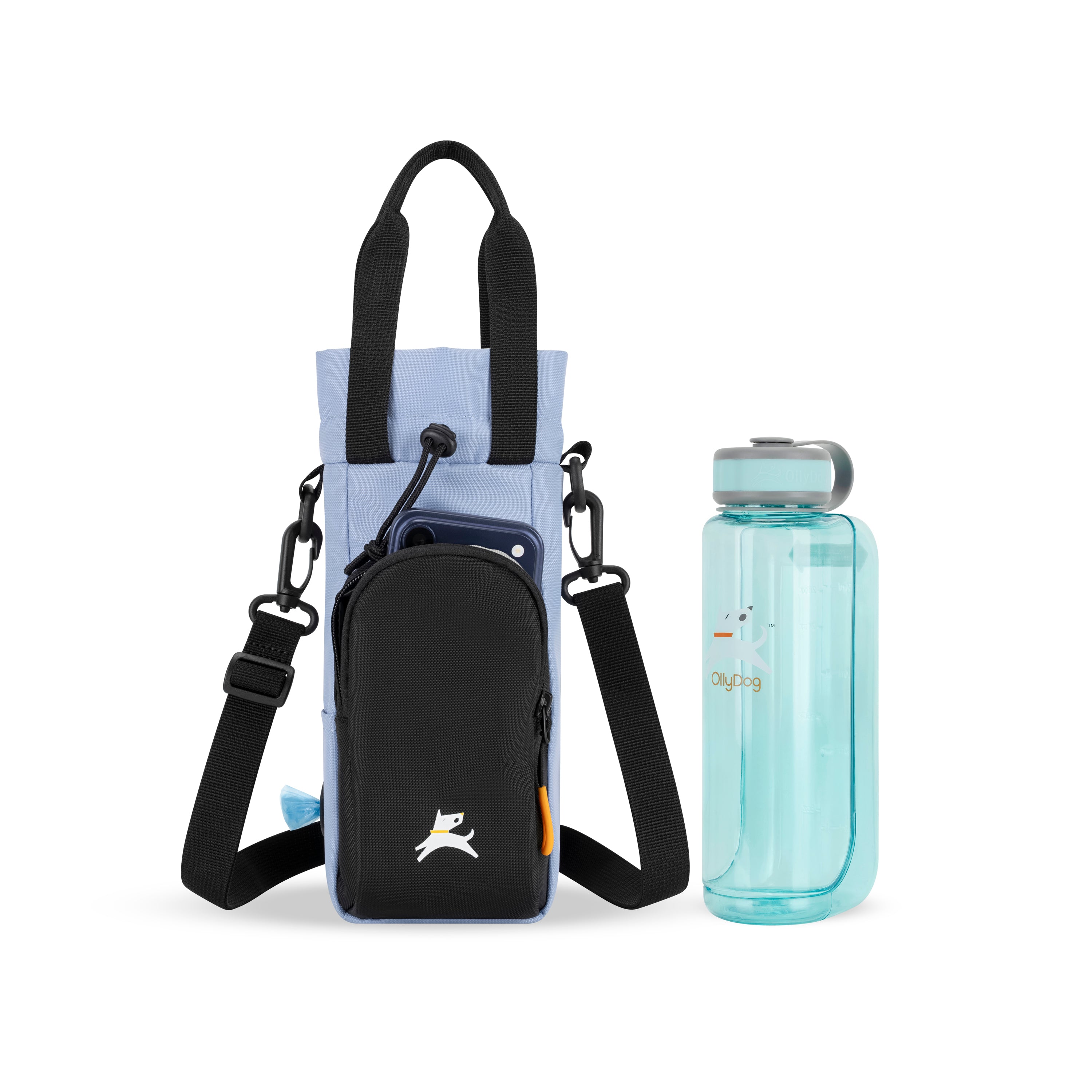 OllyDog OllyCaddy dog walking carryall in Blue Heron color, displayed with a matching water bottle and phone, featuring a multifunctional water bottle holder, treat pouch, and adjustable crossbody strap. #color_blue heron
