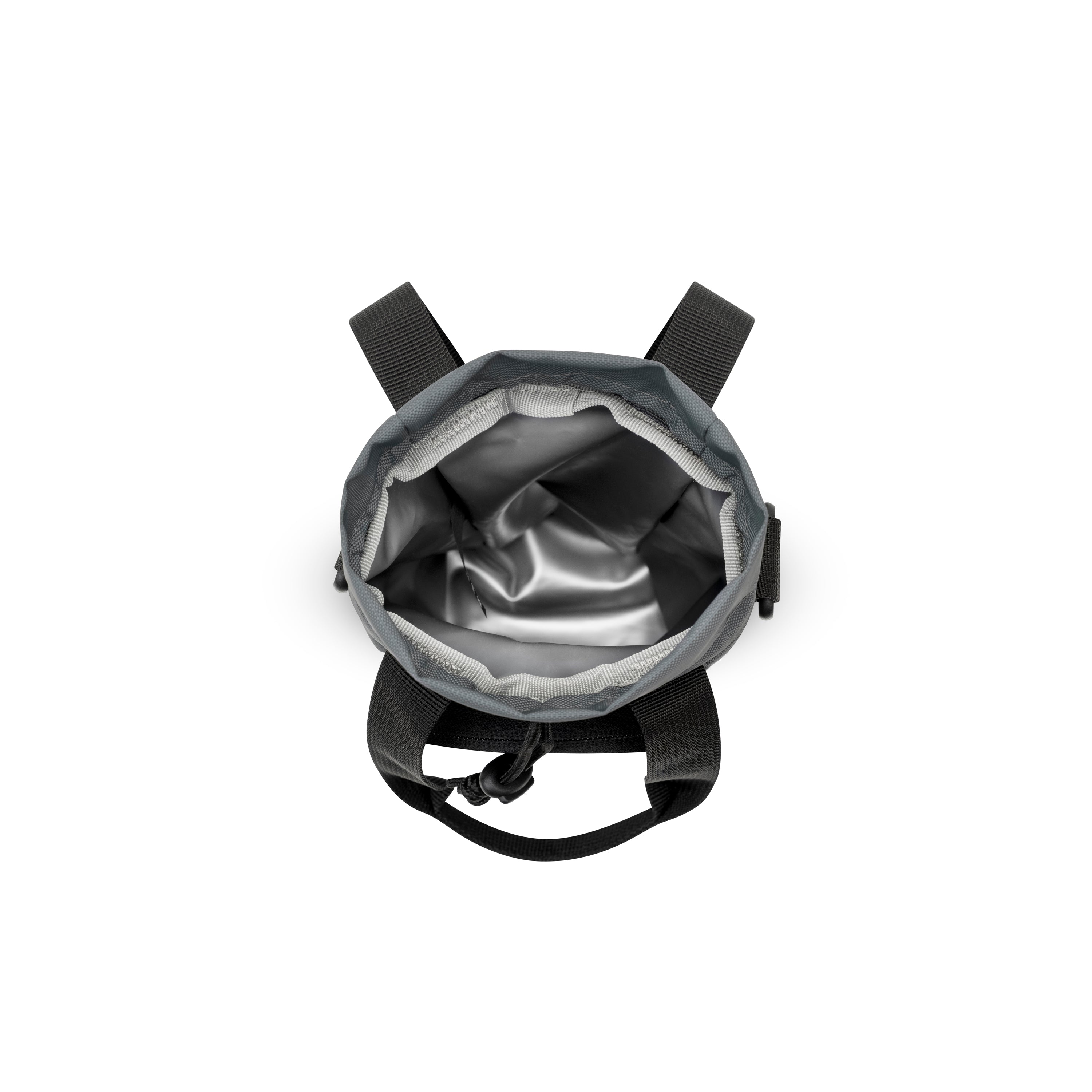 Top-down view of the OllyDog OllyCaddy dog walking carryall in castle rock color, showcasing the leak-proof main compartment and adjustable drawstring opening. #color_castle rock