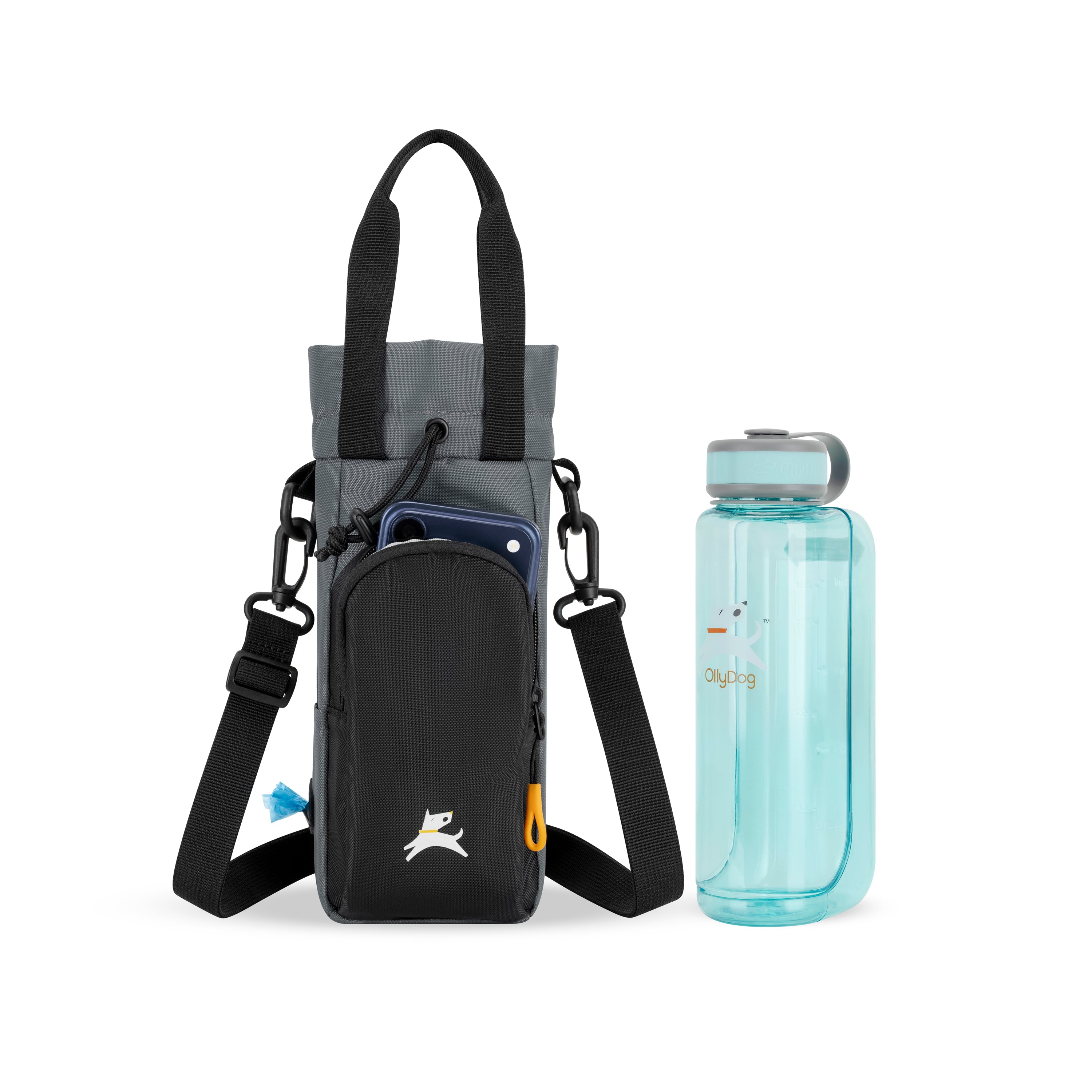 OllyDog OllyCaddy dog walking carryall in castle rock color, displayed with a matching water bottle and phone, featuring a multifunctional water bottle holder, treat pouch, and adjustable crossbody strap. #color_castle rock