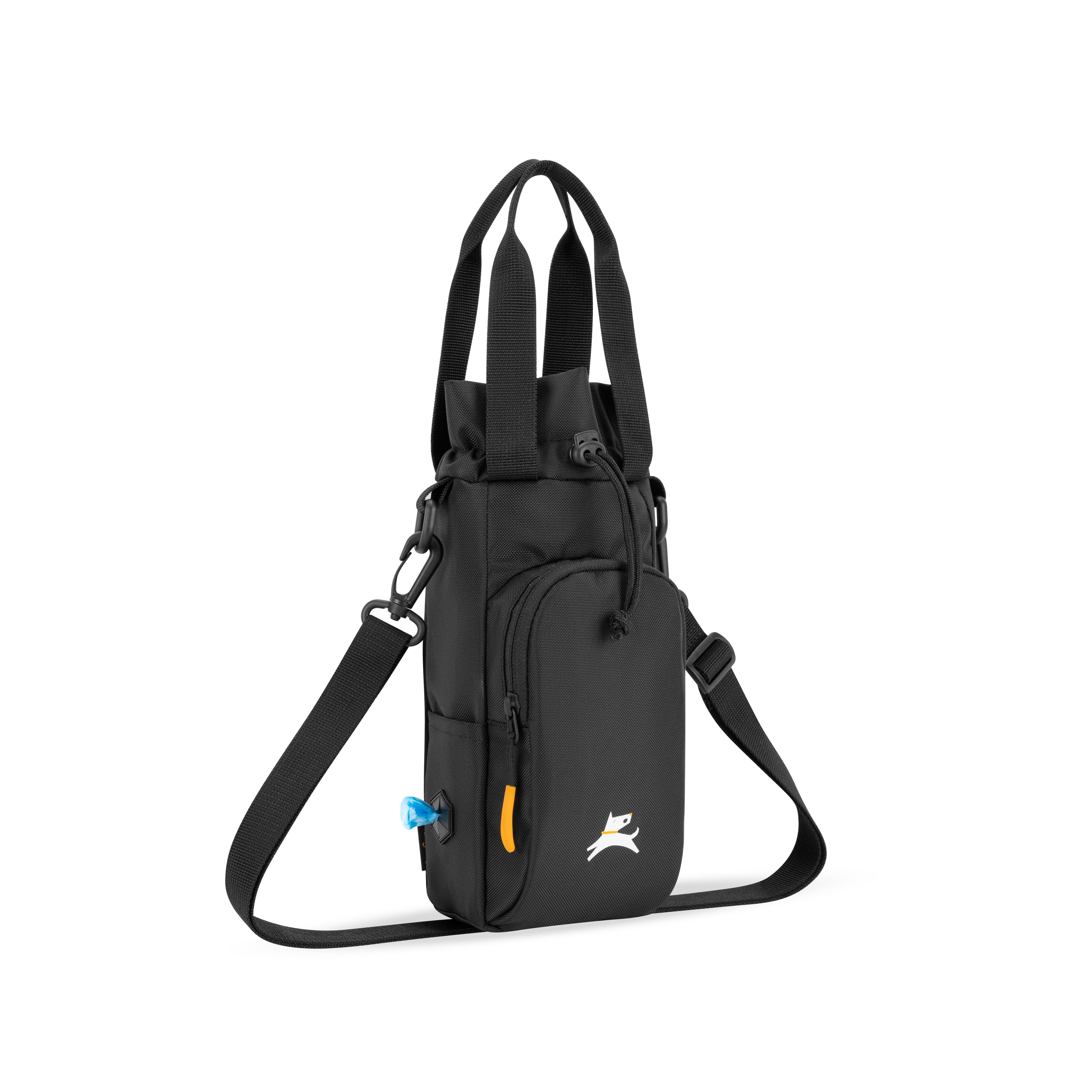 OllyDog OllyCaddy dog walking carryall in raven, showcasing the side-mounted waste bag dispenser, front treat pocket, and adjustable crossbody strap. #color_raven