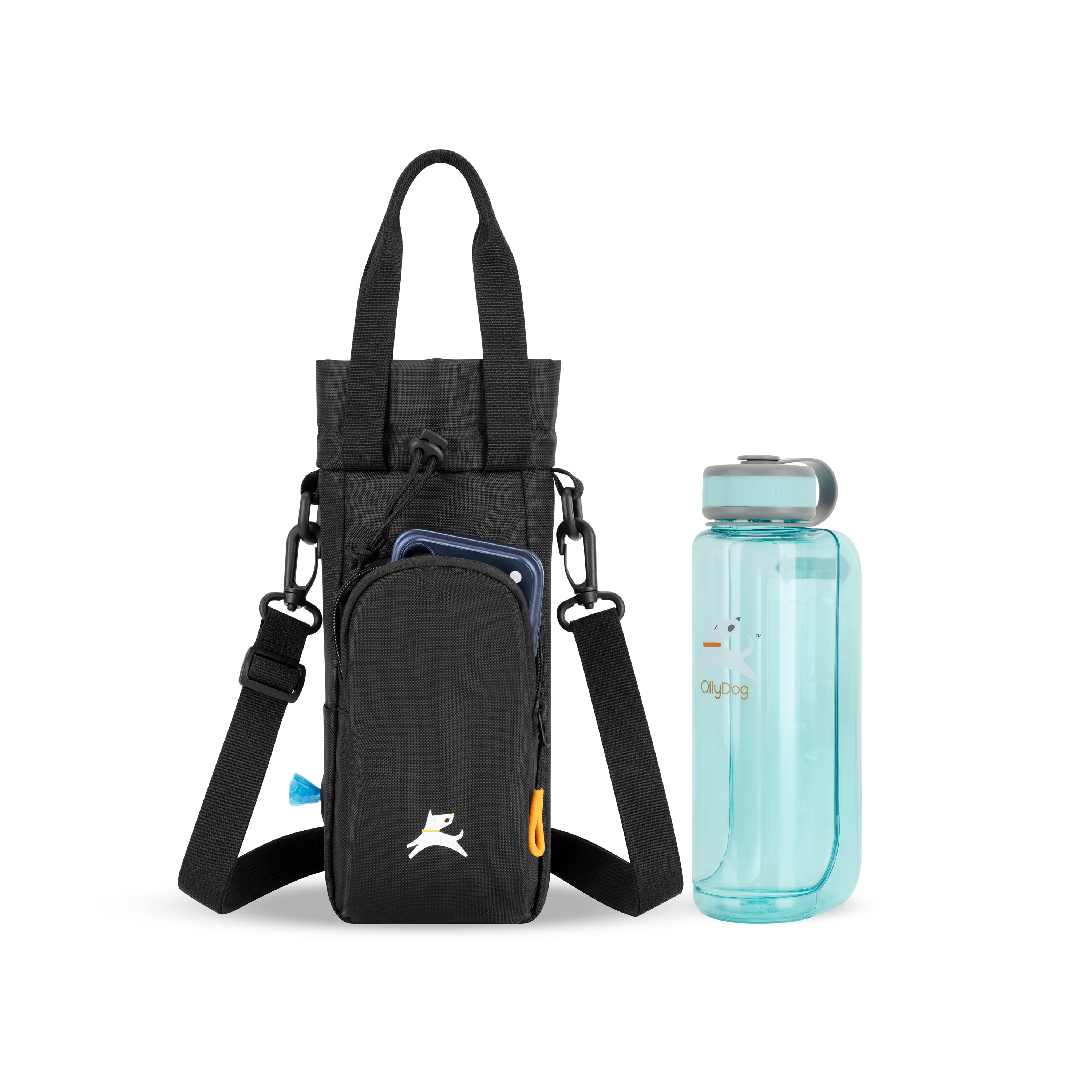 OllyDog OllyCaddy dog walking carryall in raven color, displayed with a matching water bottle and phone, featuring a multifunctional water bottle holder, treat pouch, and adjustable crossbody strap. #color_raven