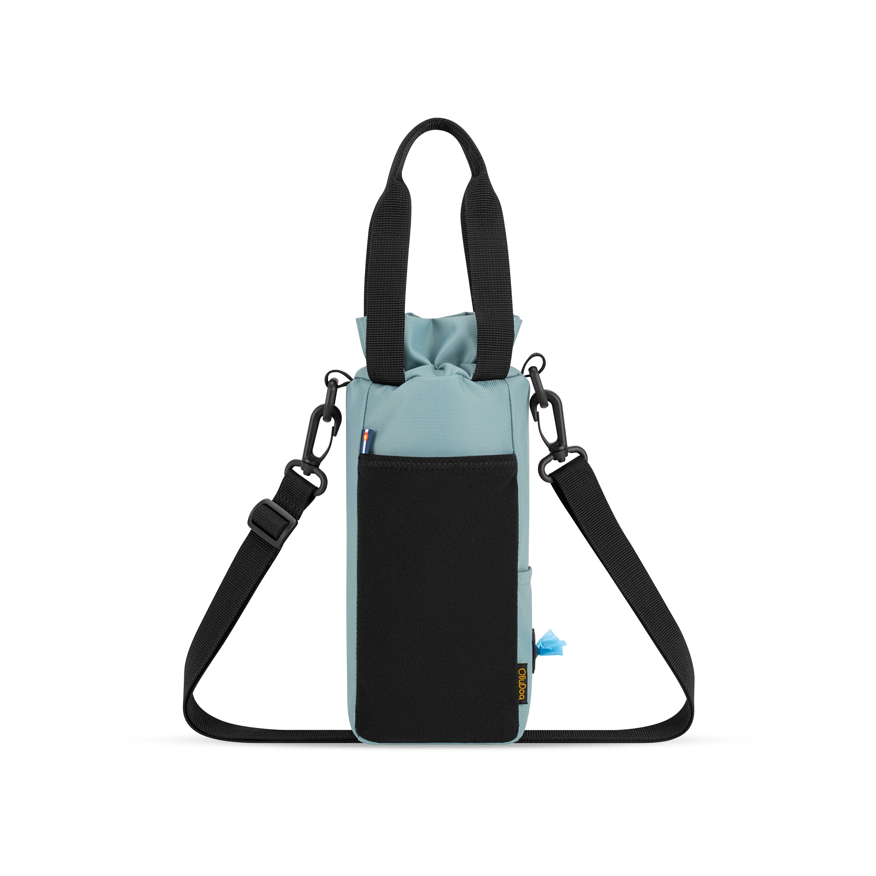 Back view of the OllyDog OllyCaddy dog walking carryall in st.lucia color, highlighting the convenient back stretch pocket, built-in waste bag dispenser, grip handles, and adjustable crossbody strap. #color_st.lucia