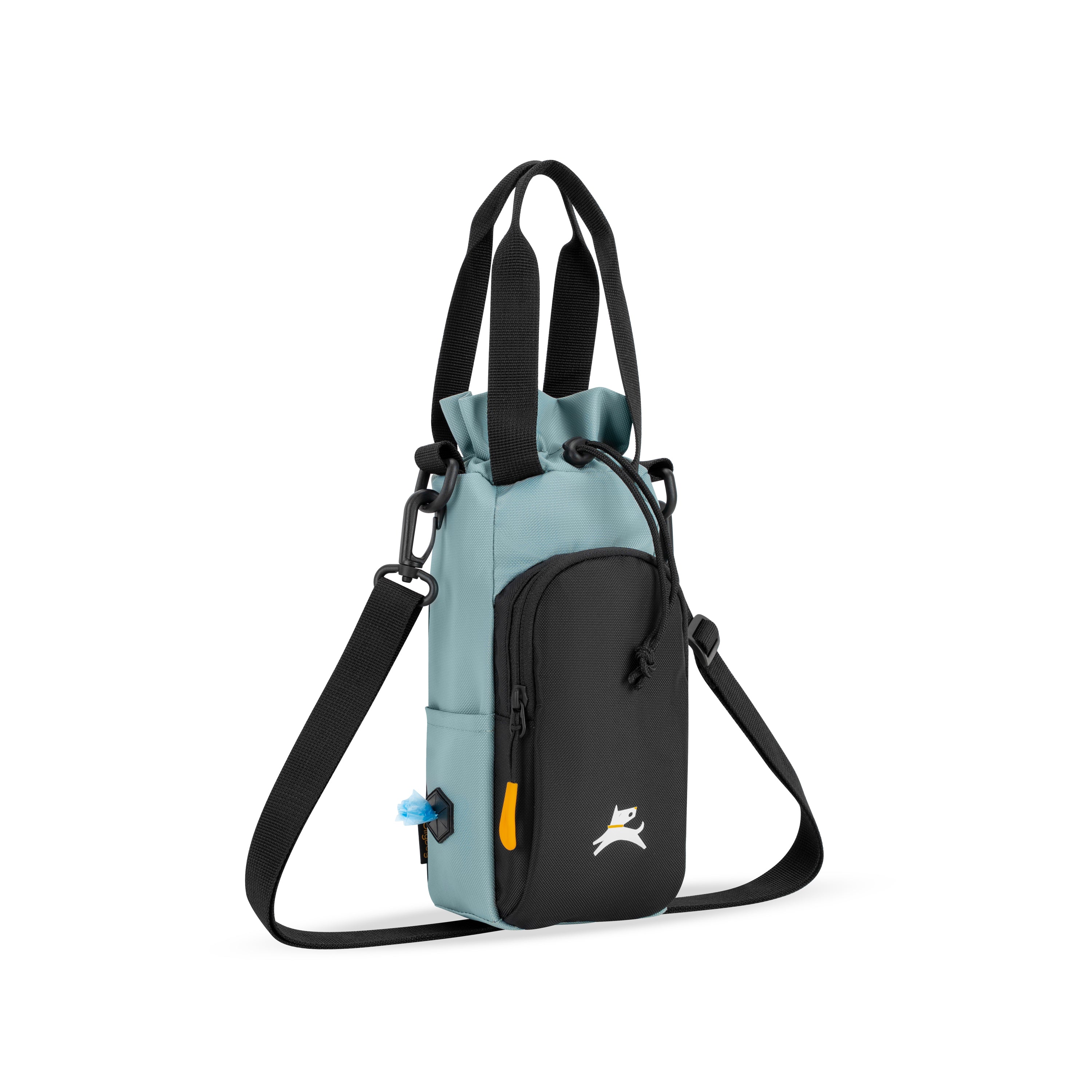 OllyDog OllyCaddy dog walking carryall in St.lucia, showcasing the side-mounted waste bag dispenser, front treat pocket, and adjustable crossbody strap. #color_st.lucia