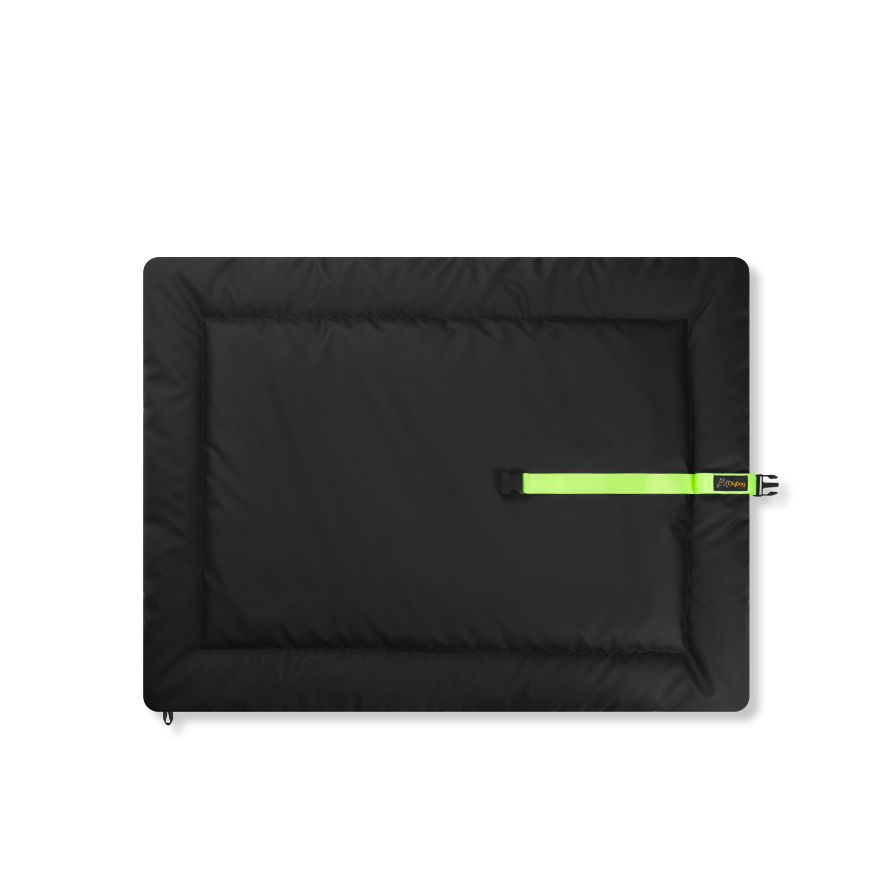 Flat lay of the OllyDog Ridgeway Travel Bed in black. The rectangular, packable dog bed features soft microfleece with a neon green buckle strap for easy rolling and securing. Lightweight, water-resistant, and measures 36 x 48 inches #color_chestnut