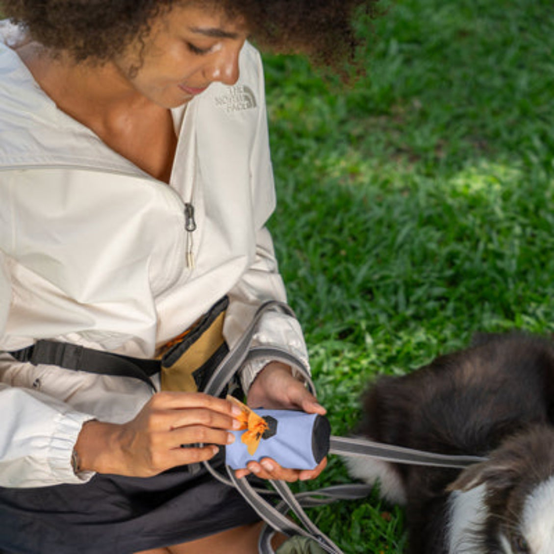 Lifestyle shot of a person sitting on the grass pulling an orange waste bag out of the OllyDog Scoop Pick Up Bag in blue heron color attached to a leash next to a dog. #color_blue heron