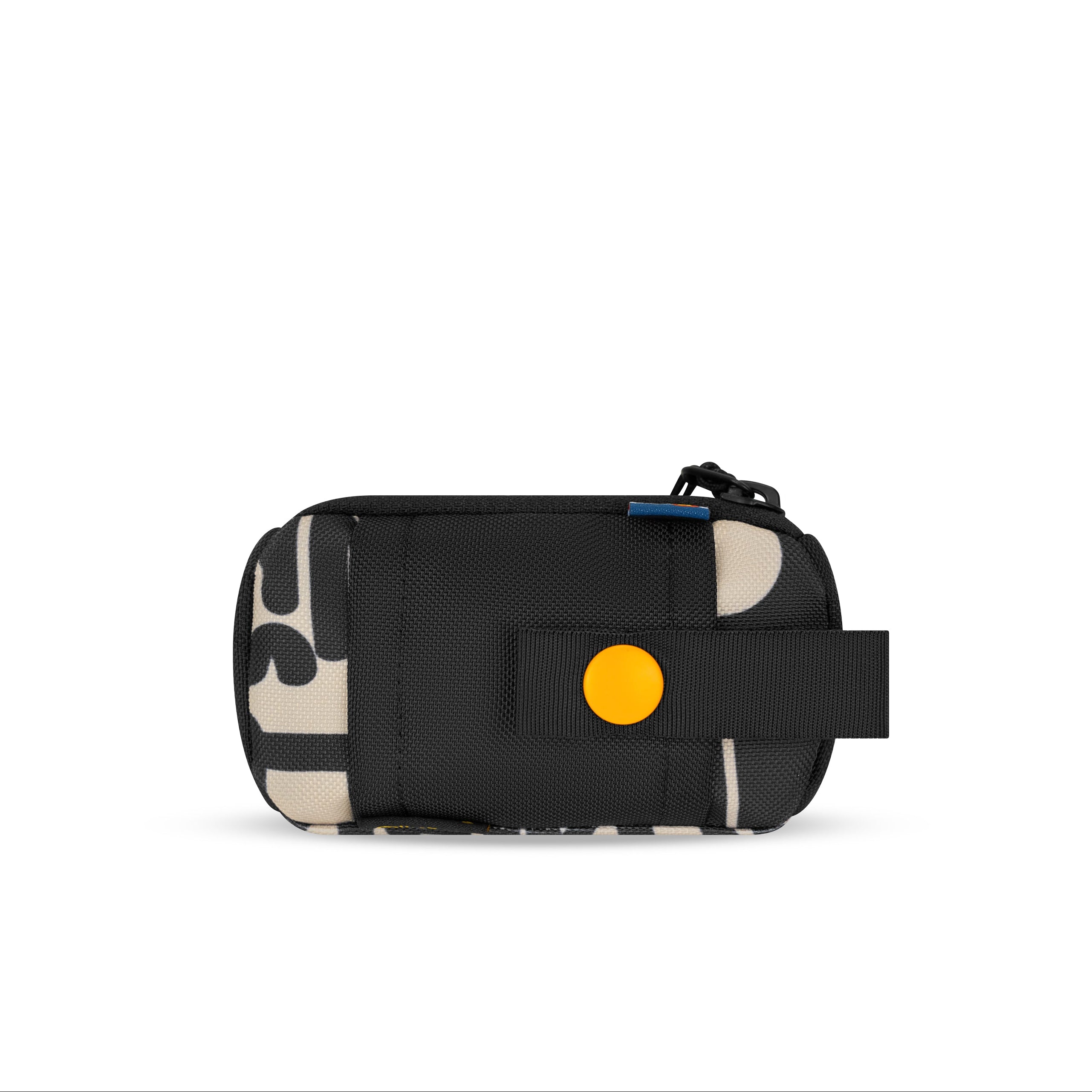 Back view of the OllyDog Scoop Pick Up Bag in ciao print color, highlighting the snap closure and slide-on attachment loop for easy attachment to any leash. #color_ciao