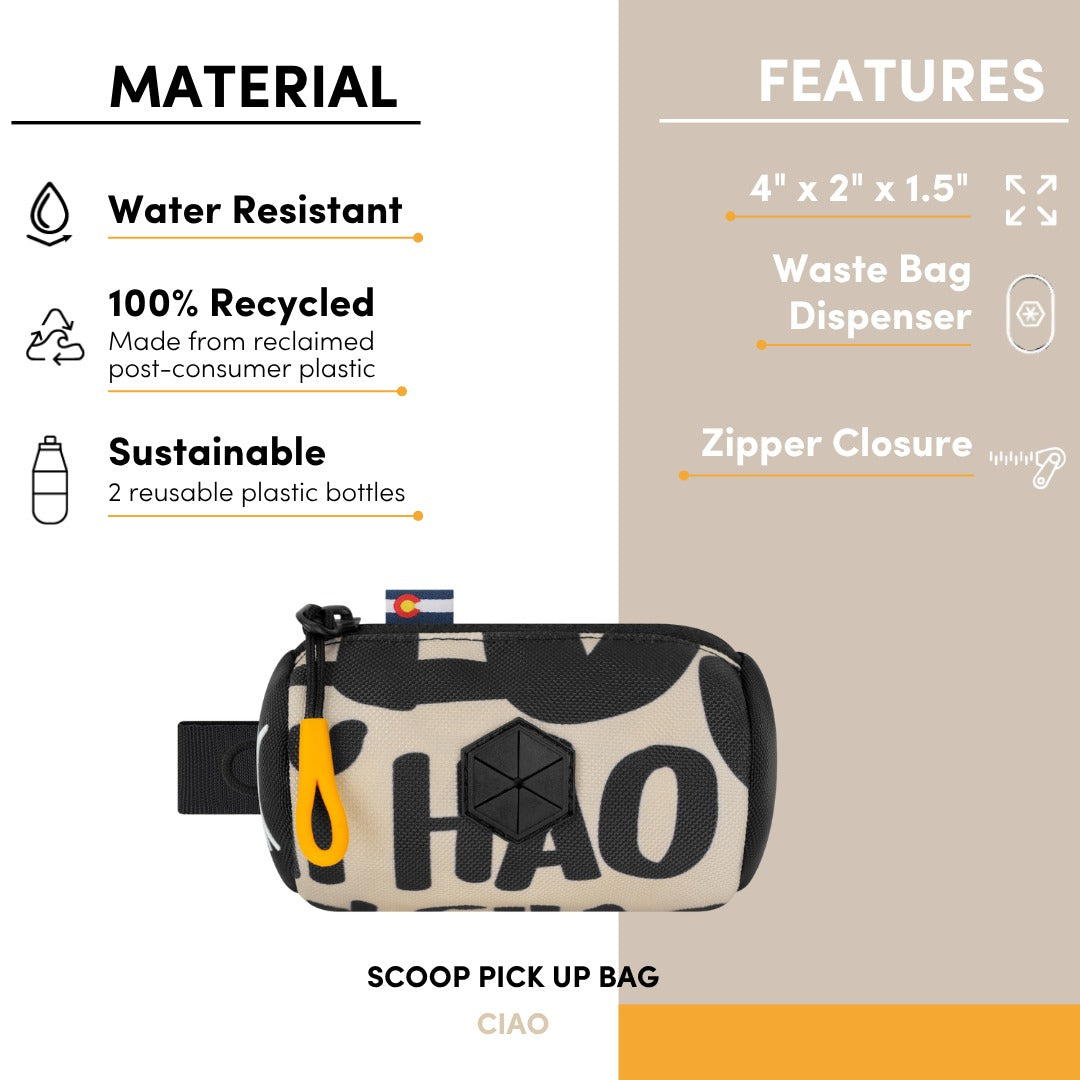 Product feature and material diagram of the OllyDog Scoop Pick Up Bag in ciao print color, highlighting water-resistant 100% recycled material, 4 inch by 2 inch by 1.5 inch dimensions, waste bag dispenser, and zipper closure. #color_ciao