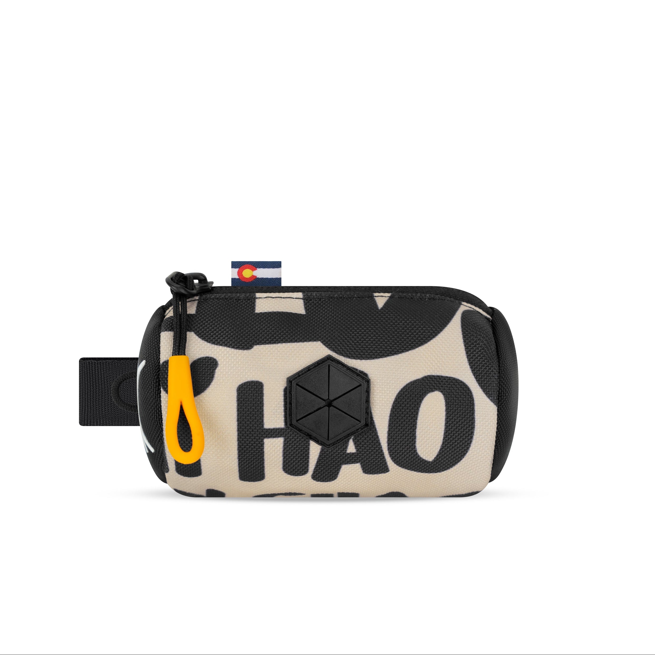 Front view of the OllyDog Scoop Pick Up Bag in ciao print color, showcasing the 100% recycled polyester design, zippered closure, and integrated waste bag dispenser. #color_ciao