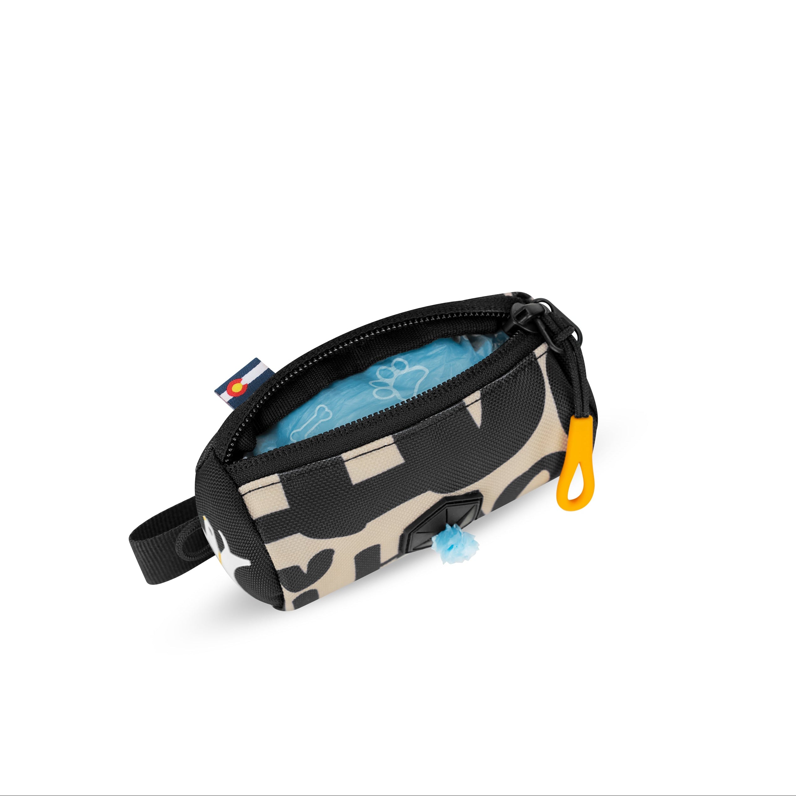Top-down interior view of the OllyDog Scoop Pick Up Bag in ciao print color, showing the open zippered compartment and standard waste bags inside. #color_ciao