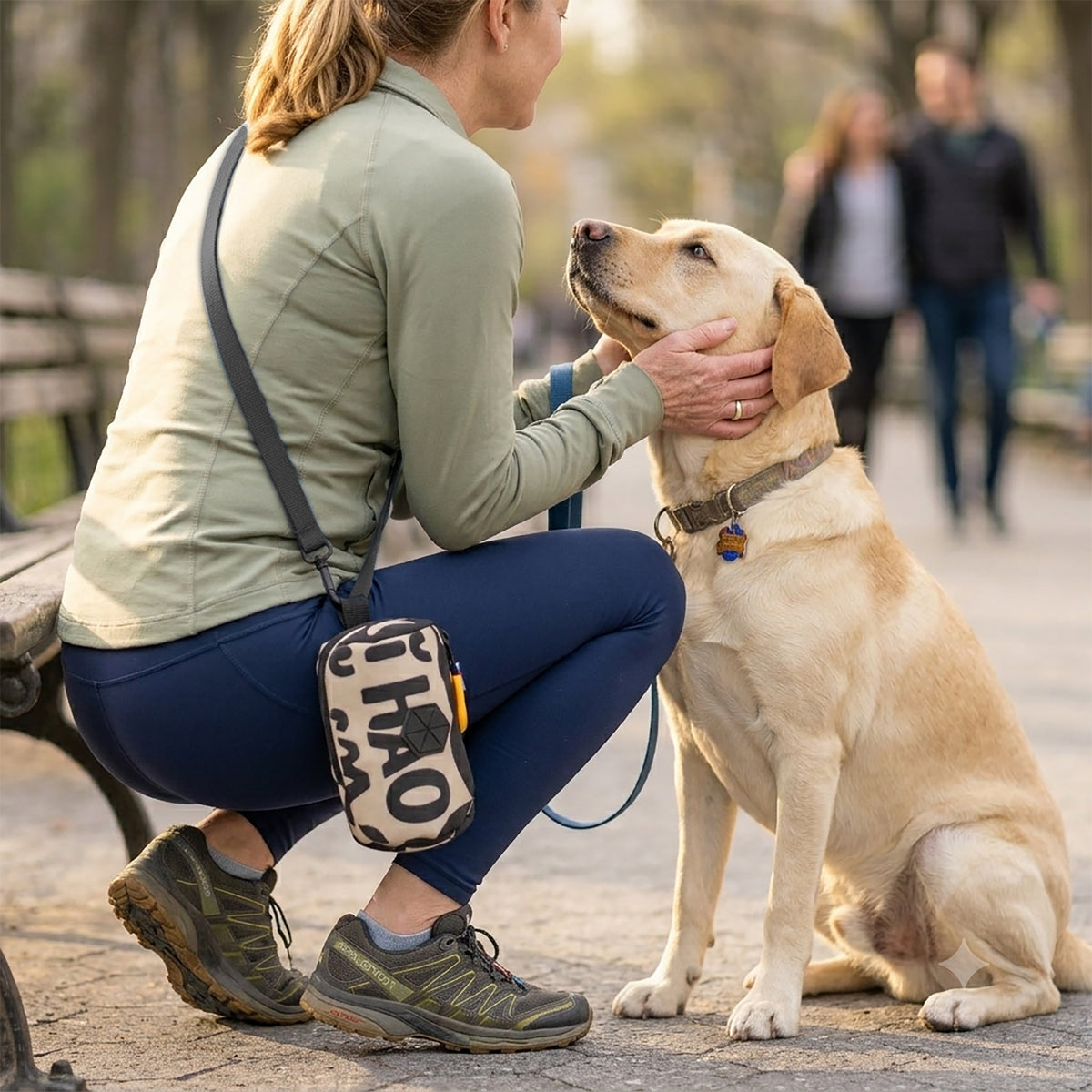 Lifestyle photo of a woman crouching in a park with her yellow labrador retriever, featuring the OllyDog Scoop Pick Up Bag in Ciao pattern attached as a leash or accessory option for dog-walking convenience. #color_ciao