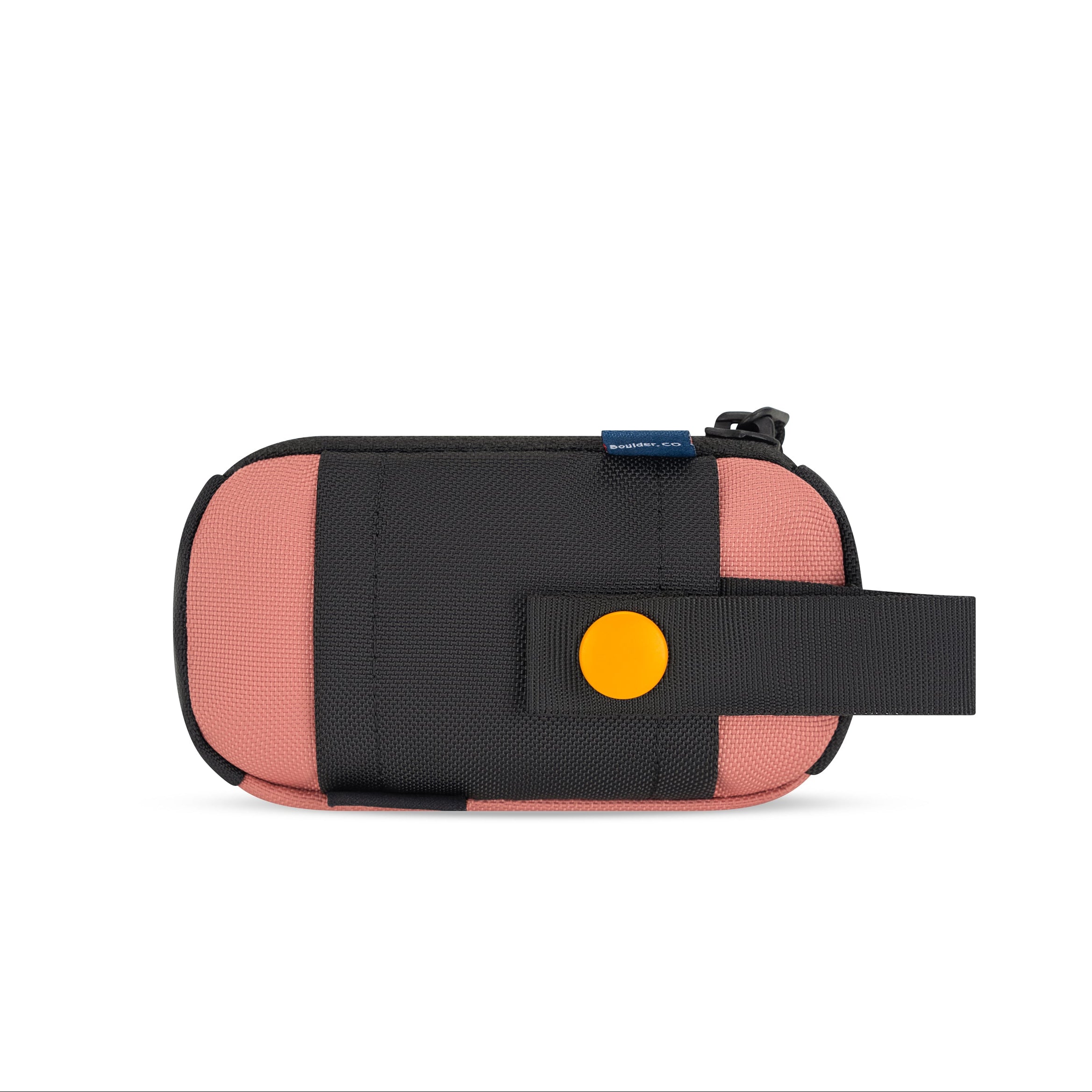 Back view of the OllyDog Scoop Pick Up Bag in desert pink color, highlighting the snap closure and slide-on attachment loop for easy attachment to any leash. #color_desert