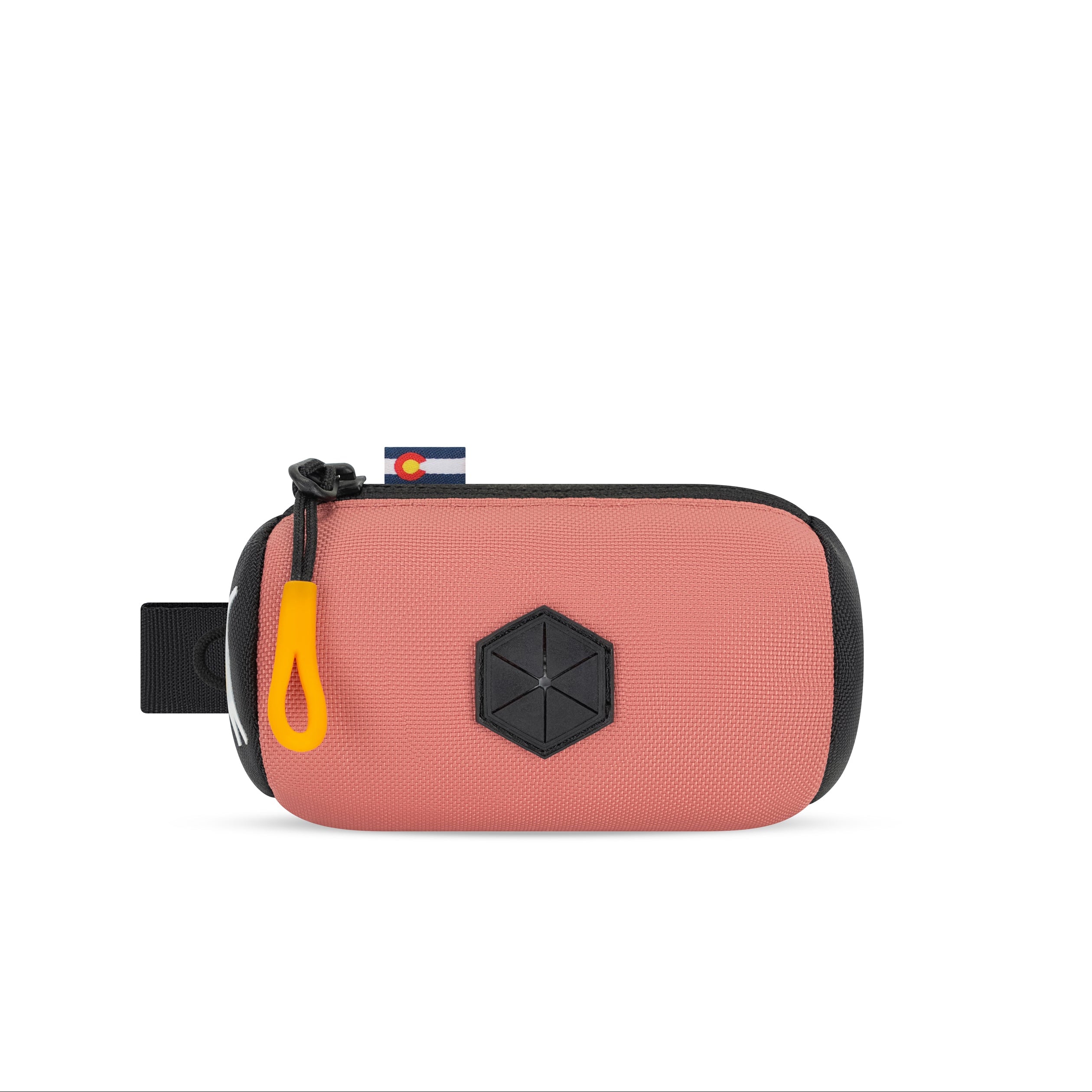 Front view of the OllyDog Scoop Pick Up Bag in desert pink color, showcasing the 100% recycled polyester design, zippered closure, and integrated waste bag dispenser. #color_desert