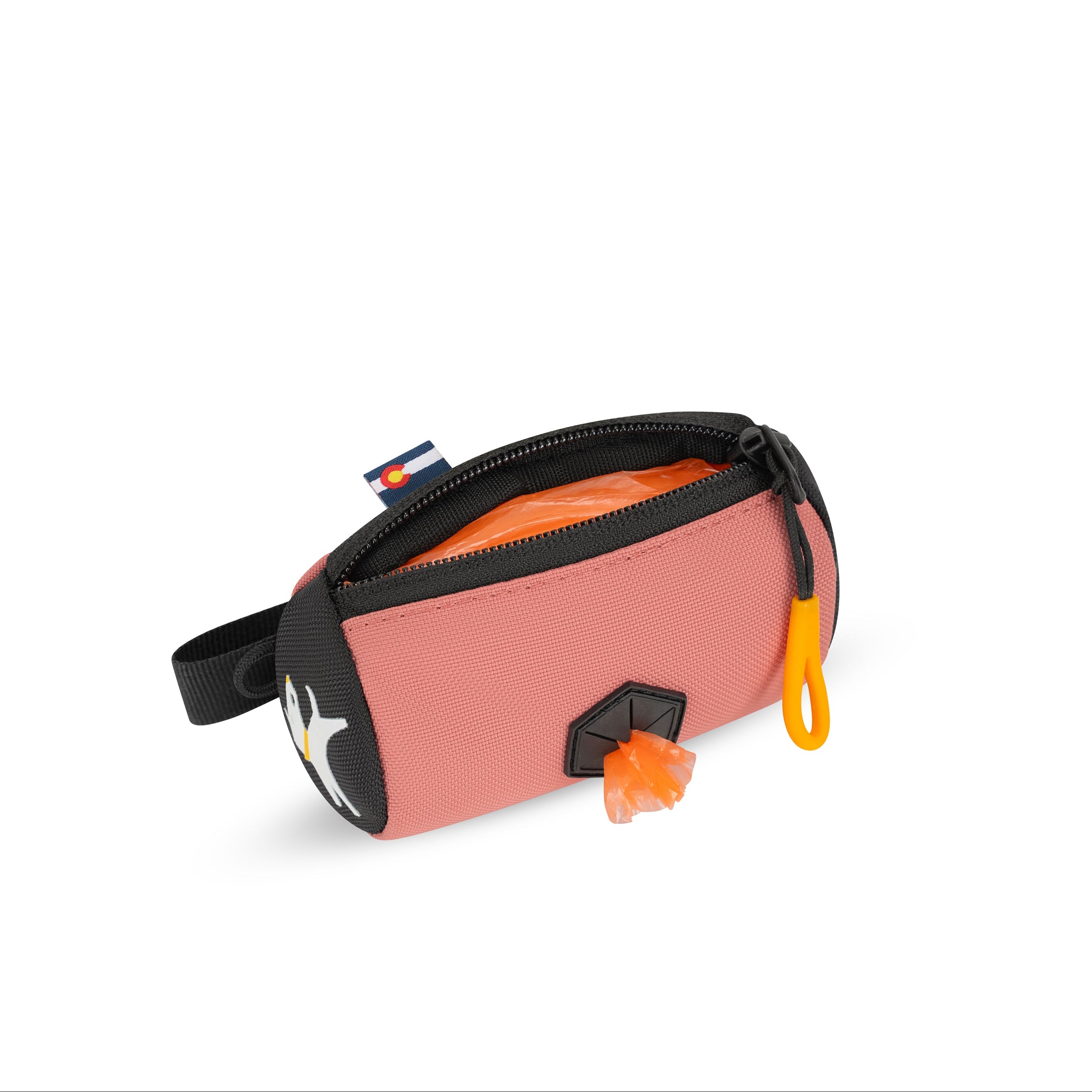 Top-down interior view of the OllyDog Scoop Pick Up Bag in desert color, showing the open zippered compartment and waste bags inside. #color_desert